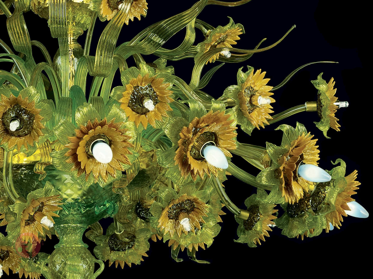 Vetreria Artistica Rosa Plafoniera Girasole 36-Lights Green Crystal Base With Orange and Yellow Flower Accent Glass Chandelier