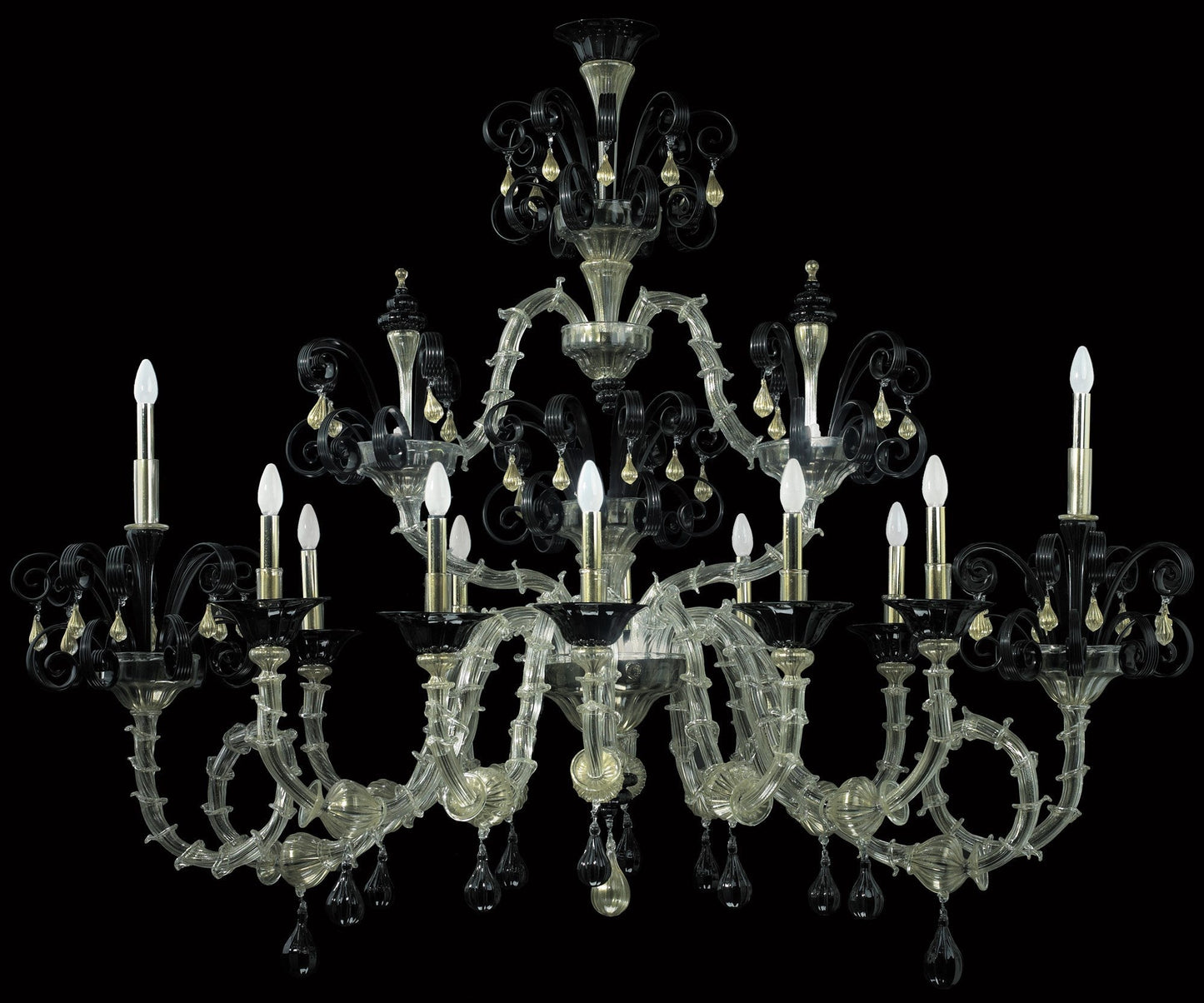 Vetreria Artistica Rosa Poesia 12-Lights Black Murano Glass Chandelier
