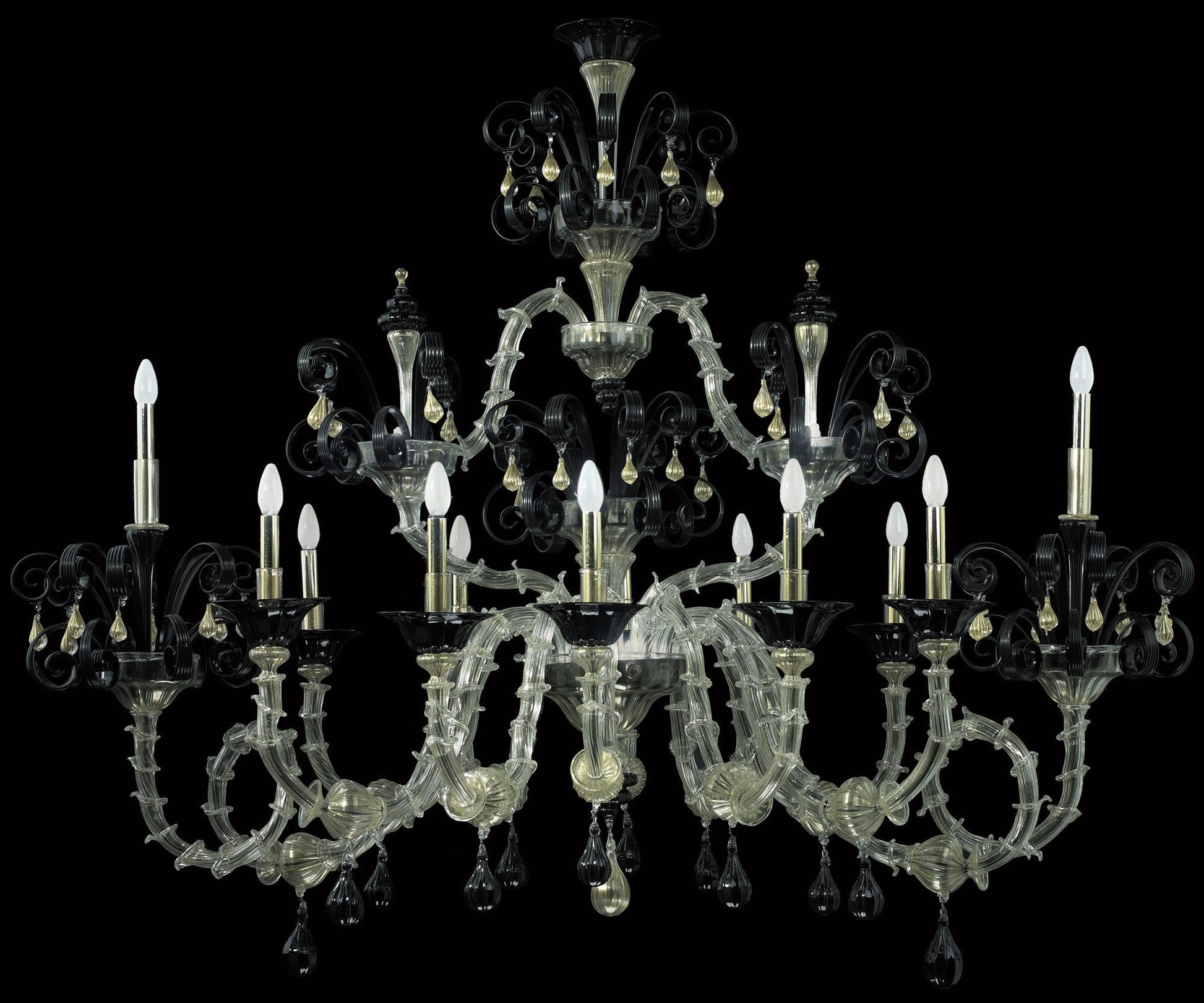 Vetreria Artistica Rosa Poesia 12-Lights Black Murano Glass Chandelier