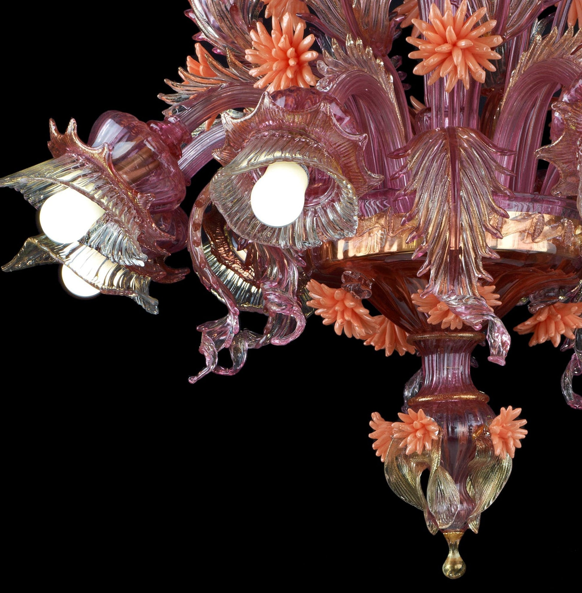 Vetreria Artistica Rosa Princess 8-Lights Pink Crystal Gold Base With Light Orange Flower Accent Glass Chandelier