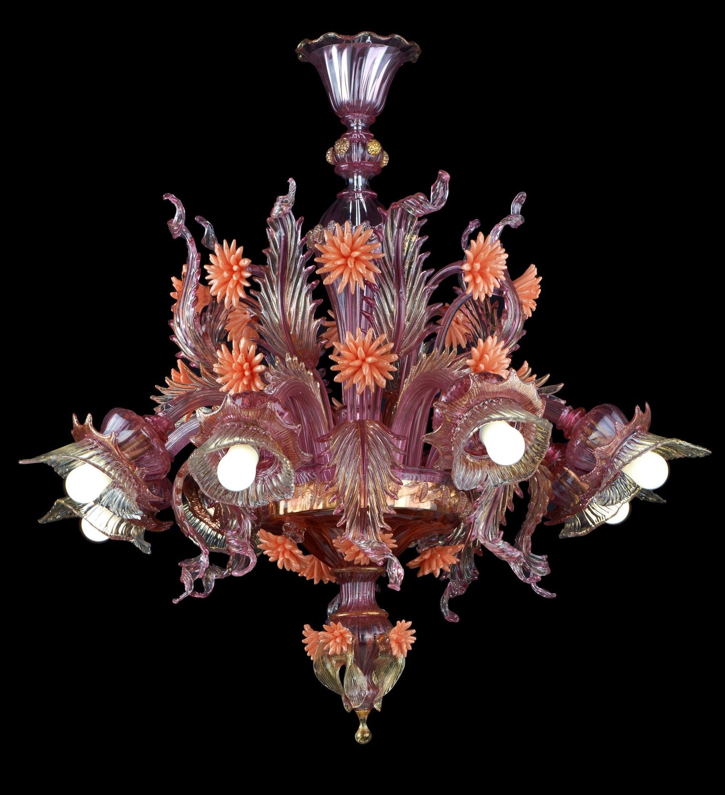 Vetreria Artistica Rosa Princess 8-Lights Pink Crystal Gold Base With Light Orange Flower Accent Glass Chandelier