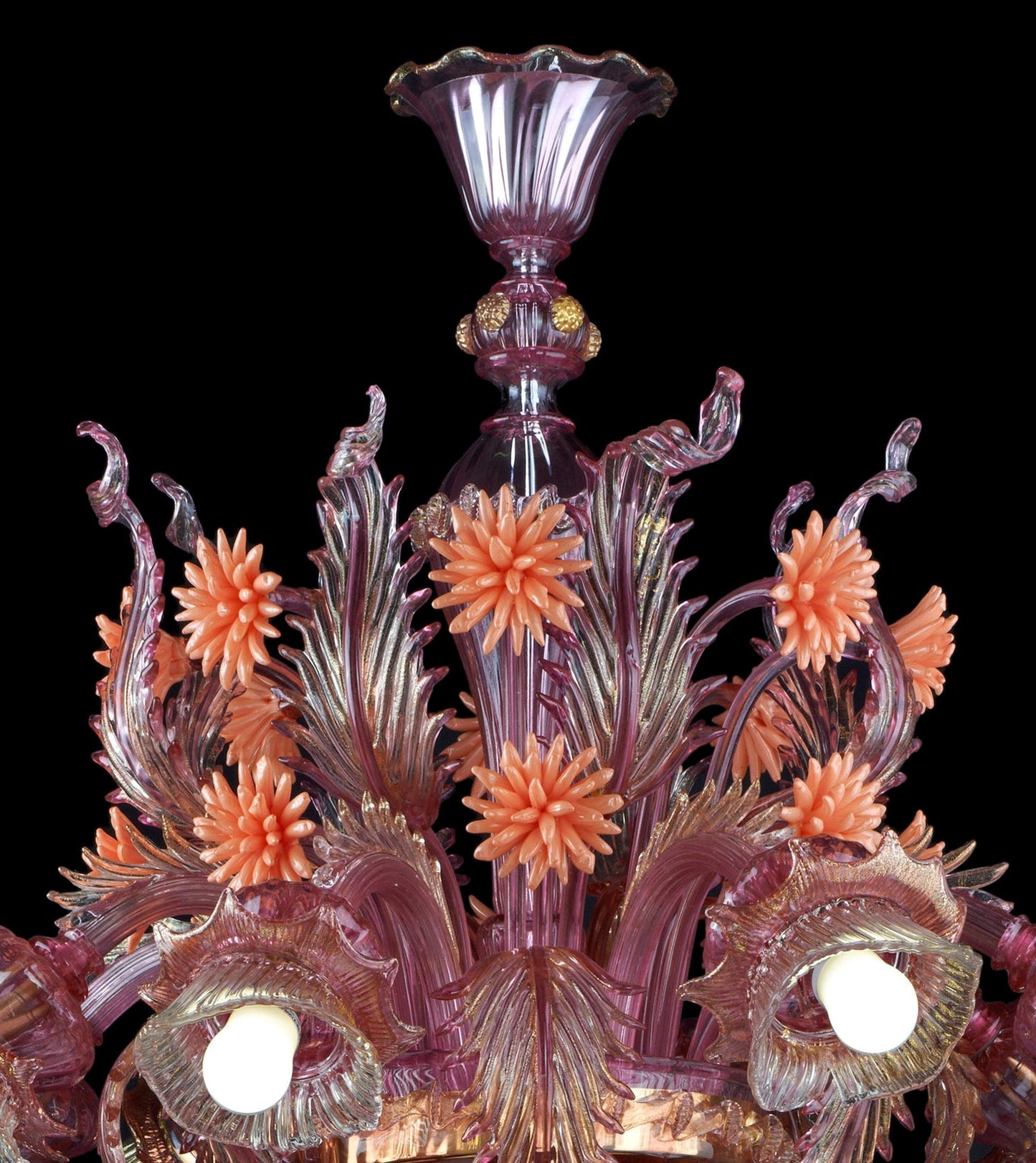 Vetreria Artistica Rosa Princess 8-Lights Pink Crystal Gold Base With Light Orange Flower Accent Glass Chandelier