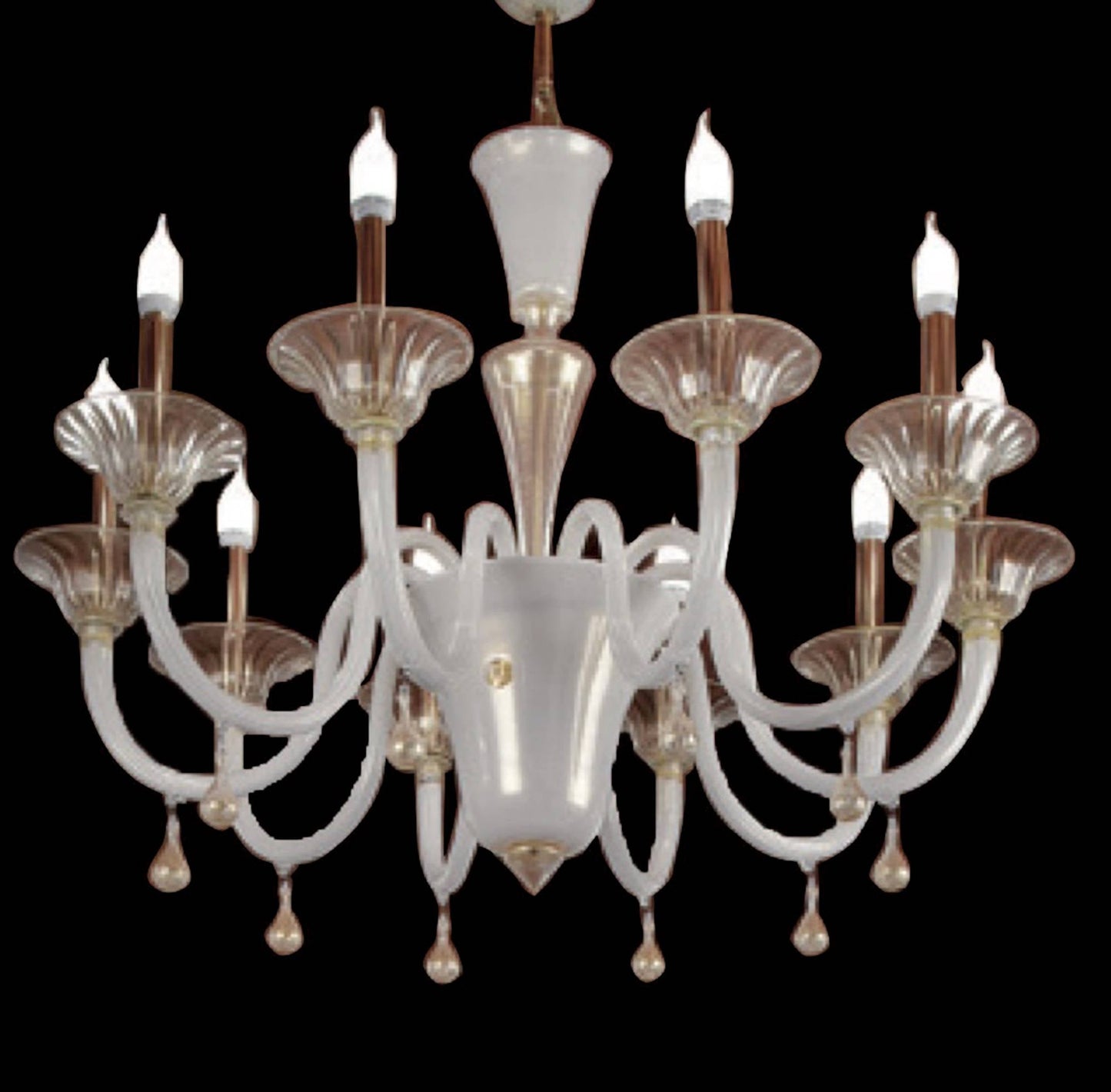 Vetreria Artistica Rosa Reame 10-Lights White Pastel With Gold and Crystal Details Candle Light Glass Chandelier