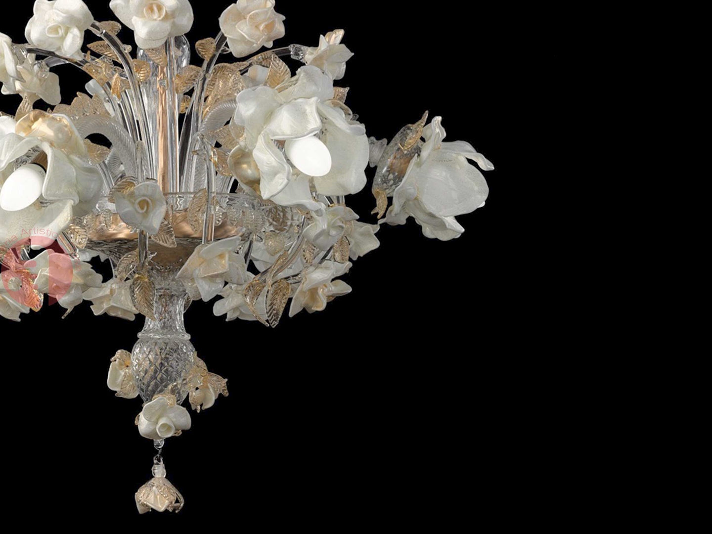 Vetreria Artistica Rosa Roser 6-Lights White and Gold Base With Flower Accent Glass Chandelier