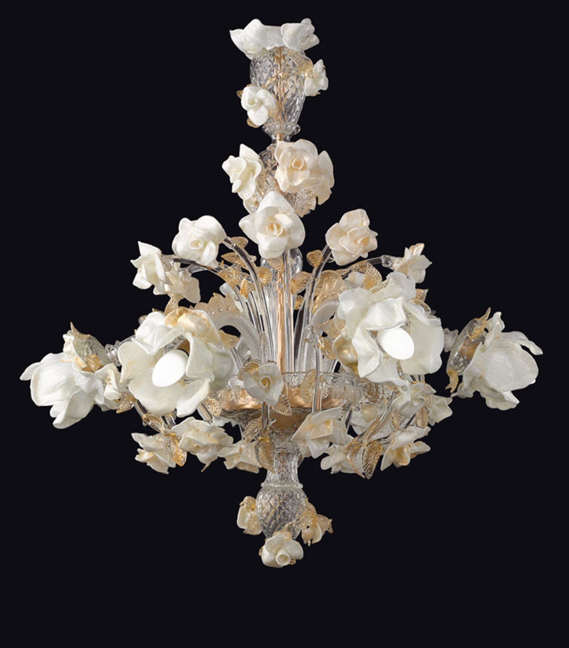Vetreria Artistica Rosa Roser 6-Lights White and Gold Base With Flower Accent Glass Chandelier