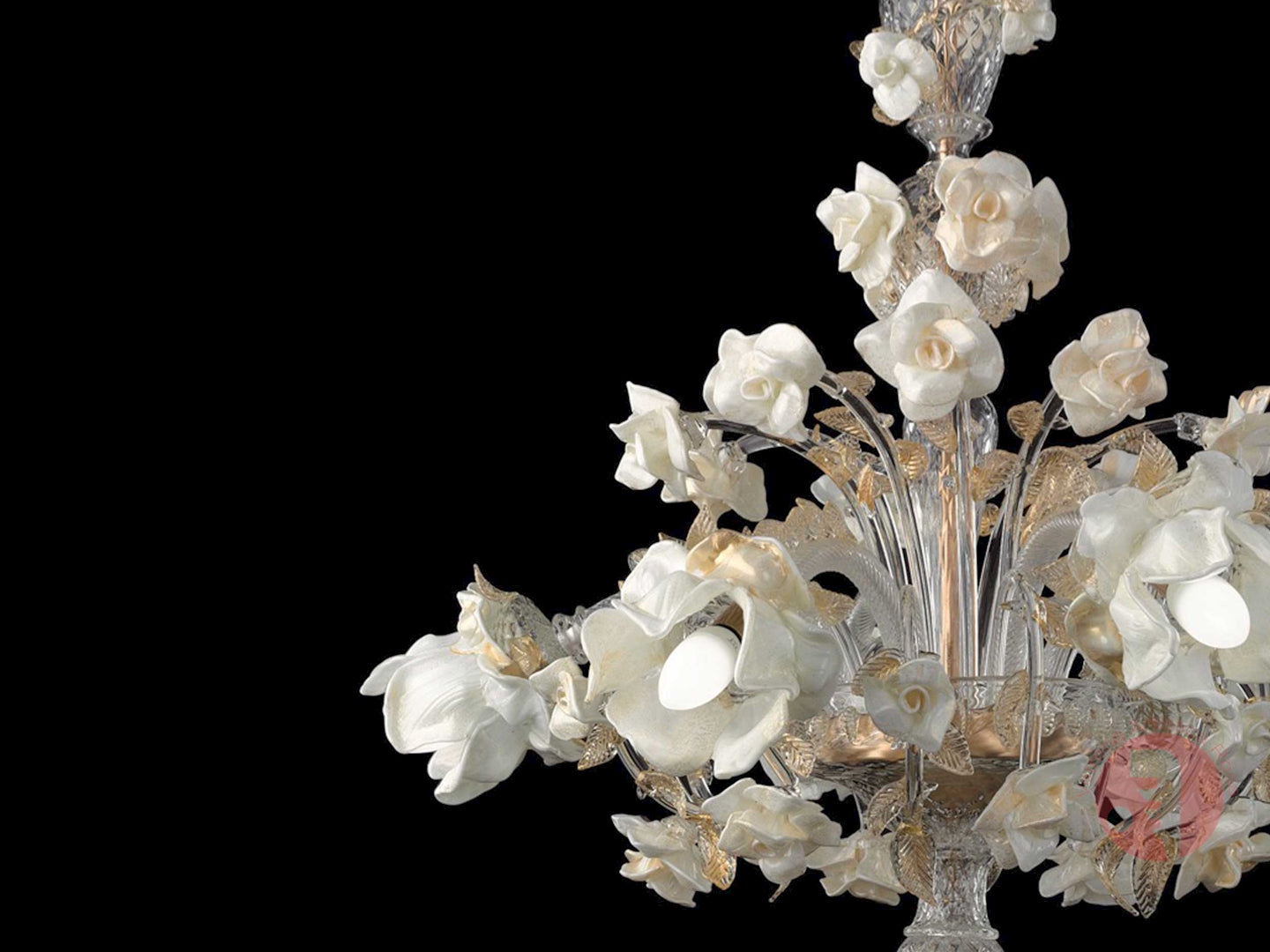 Vetreria Artistica Rosa Roser 6-Lights White and Gold Base With Flower Accent Glass Chandelier