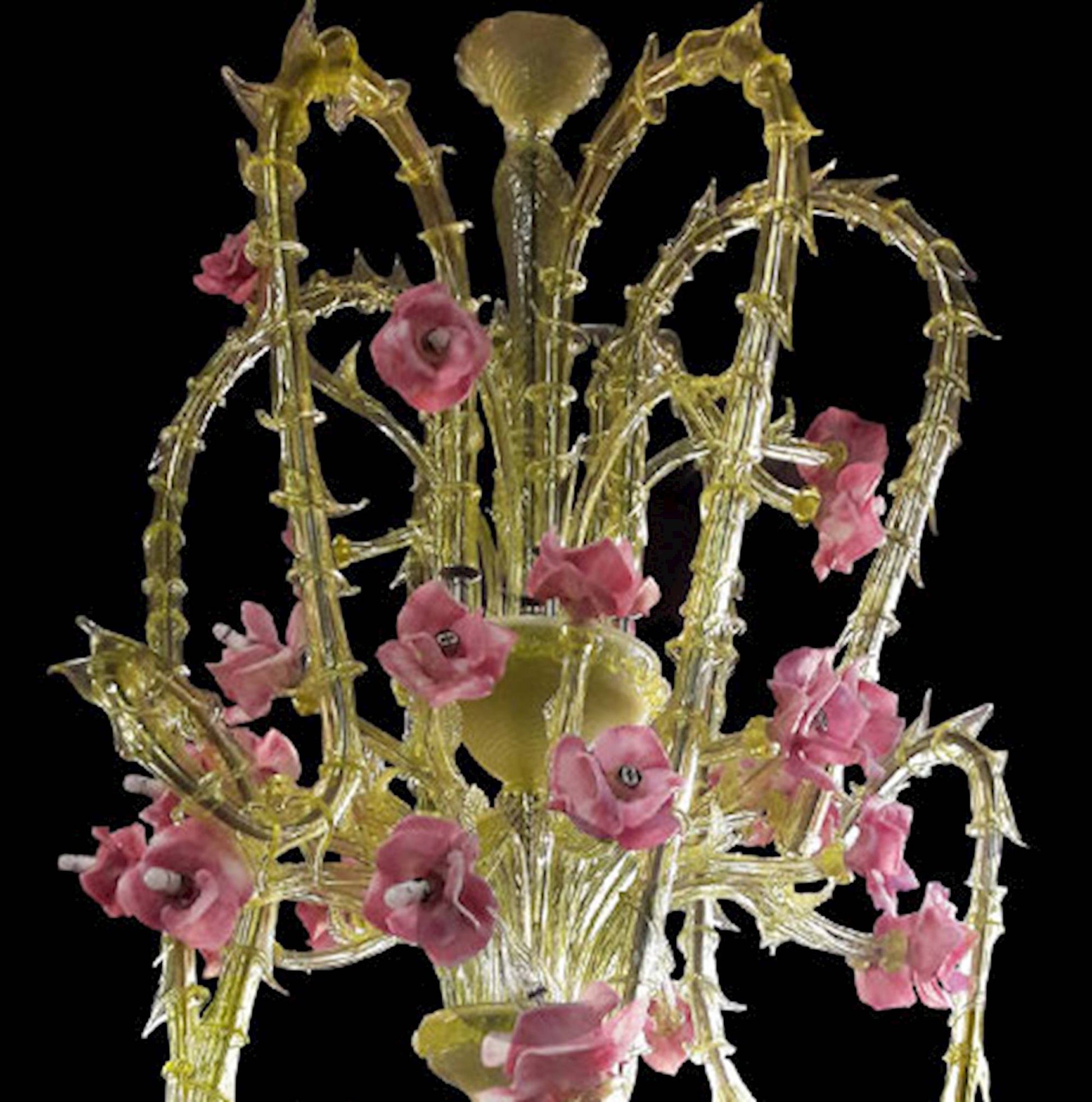 Vetreria Artistica Rosa Roser Grande 52-Lights Yellow Crystal Base With Pink Paste Flowers Glass Chandelier
