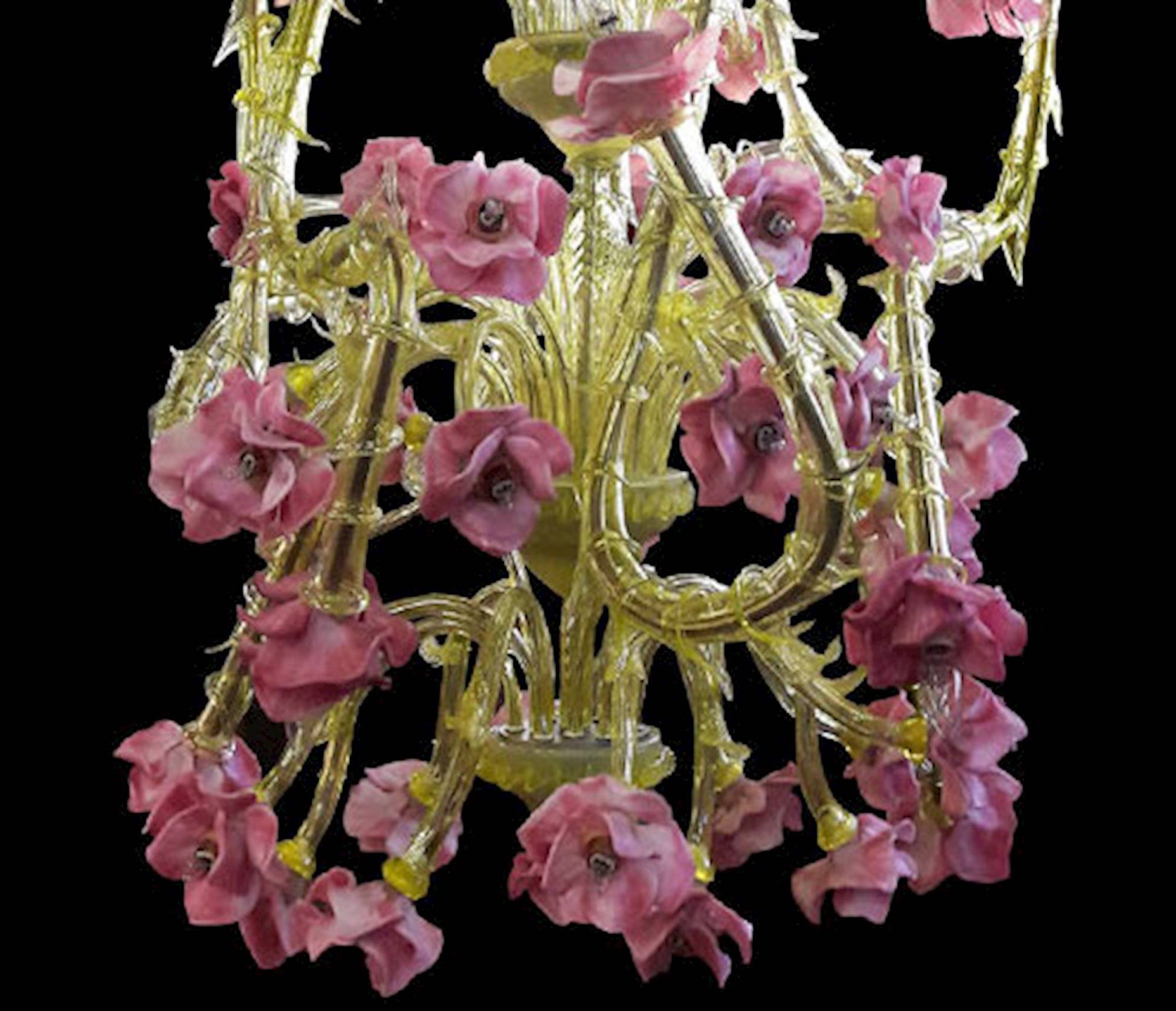 Vetreria Artistica Rosa Roser Grande 52-Lights Yellow Crystal Base With Pink Paste Flowers Glass Chandelier