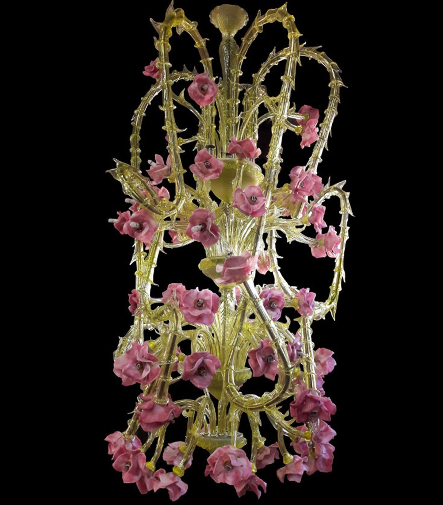 Vetreria Artistica Rosa Roser Grande 52-Lights Yellow Crystal Base With Pink Paste Flowers Glass Chandelier