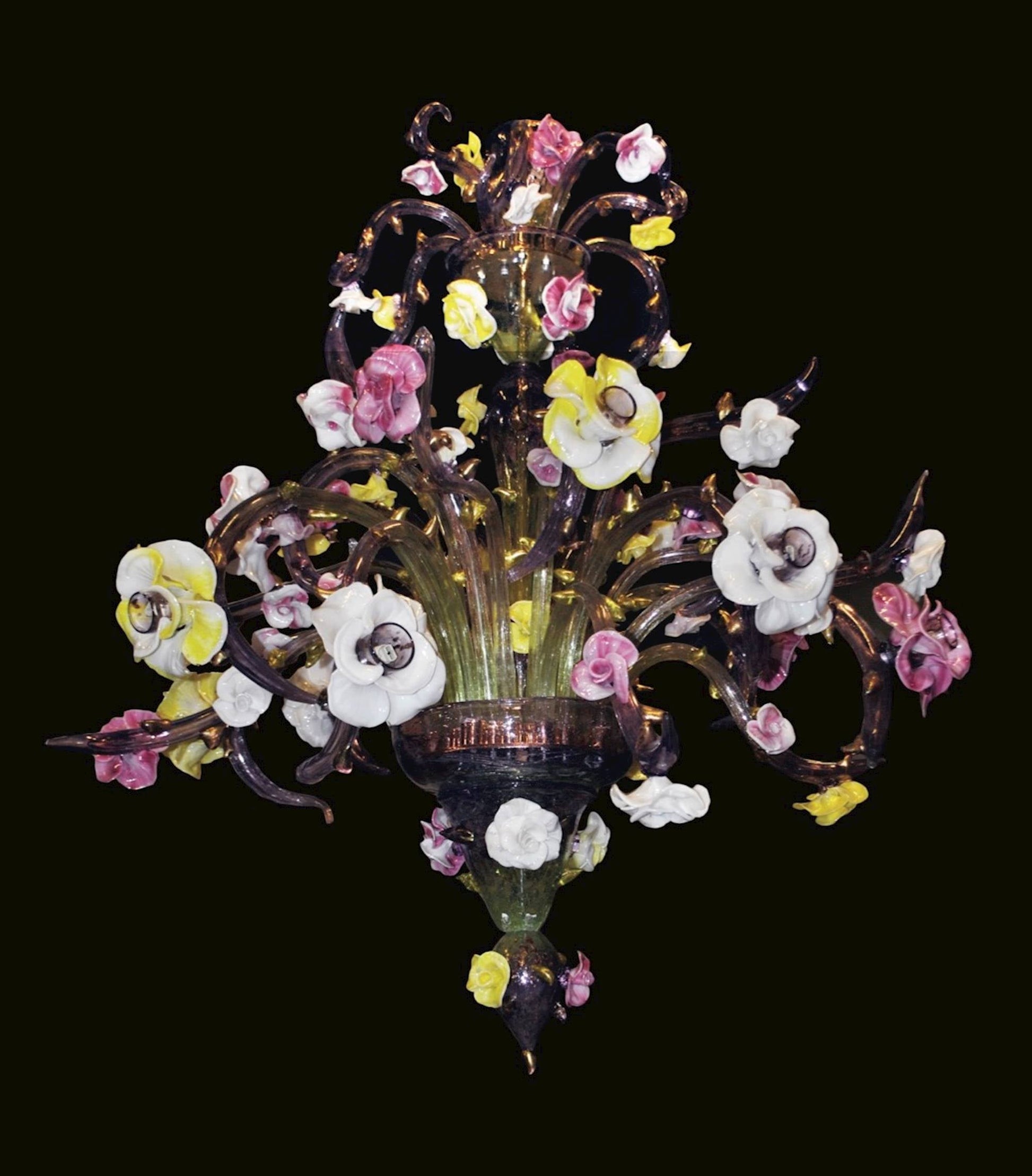 Vetreria Artistica Rosa Roser Scultura 12-Lights Amethyst and Green Gradient Pink Base With Polychrome Flowers Glass Chandelier