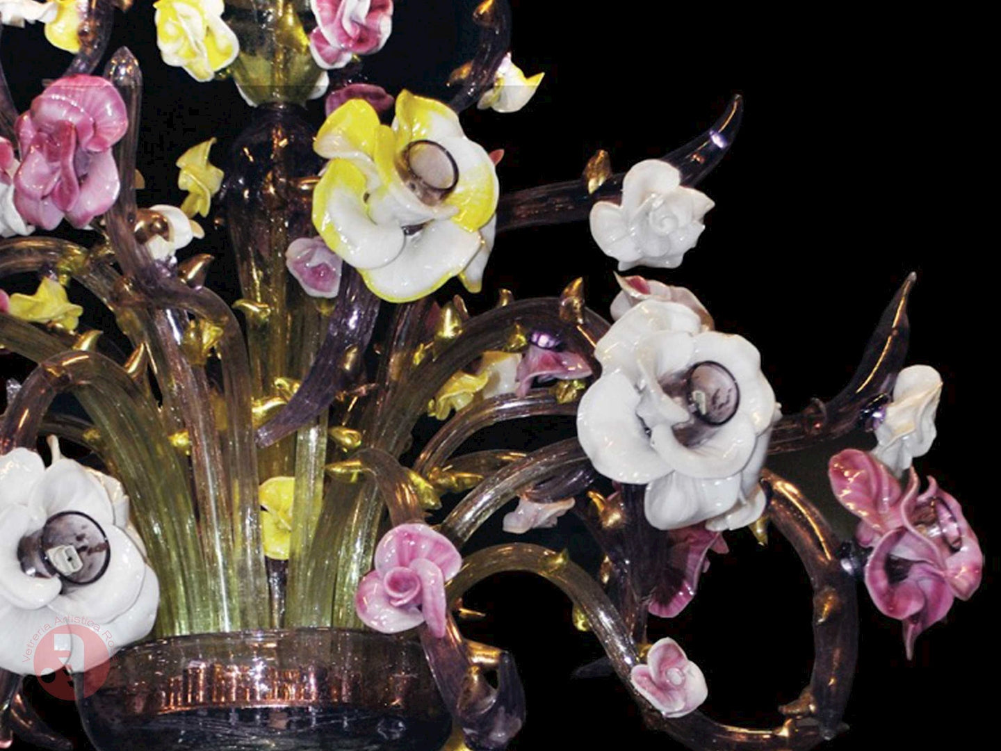Vetreria Artistica Rosa Roser Scultura 12-Lights Amethyst and Green Gradient Pink Base With Polychrome Flowers Glass Chandelier