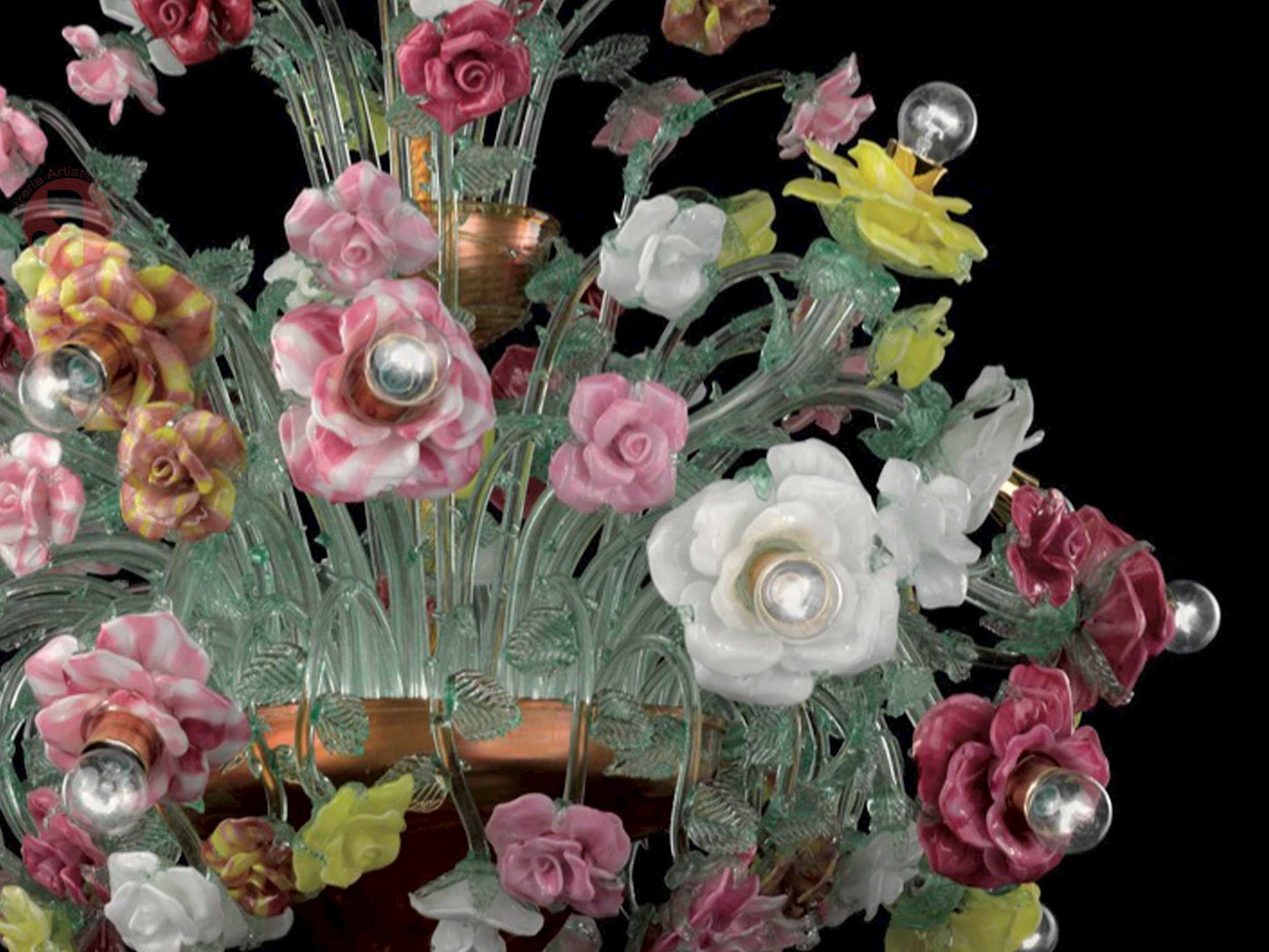 Vetreria Artistica Rosa Roseto 18-Lights Transparent Green Crystal Base With Polychrome Flower Accent Glass Chandelier