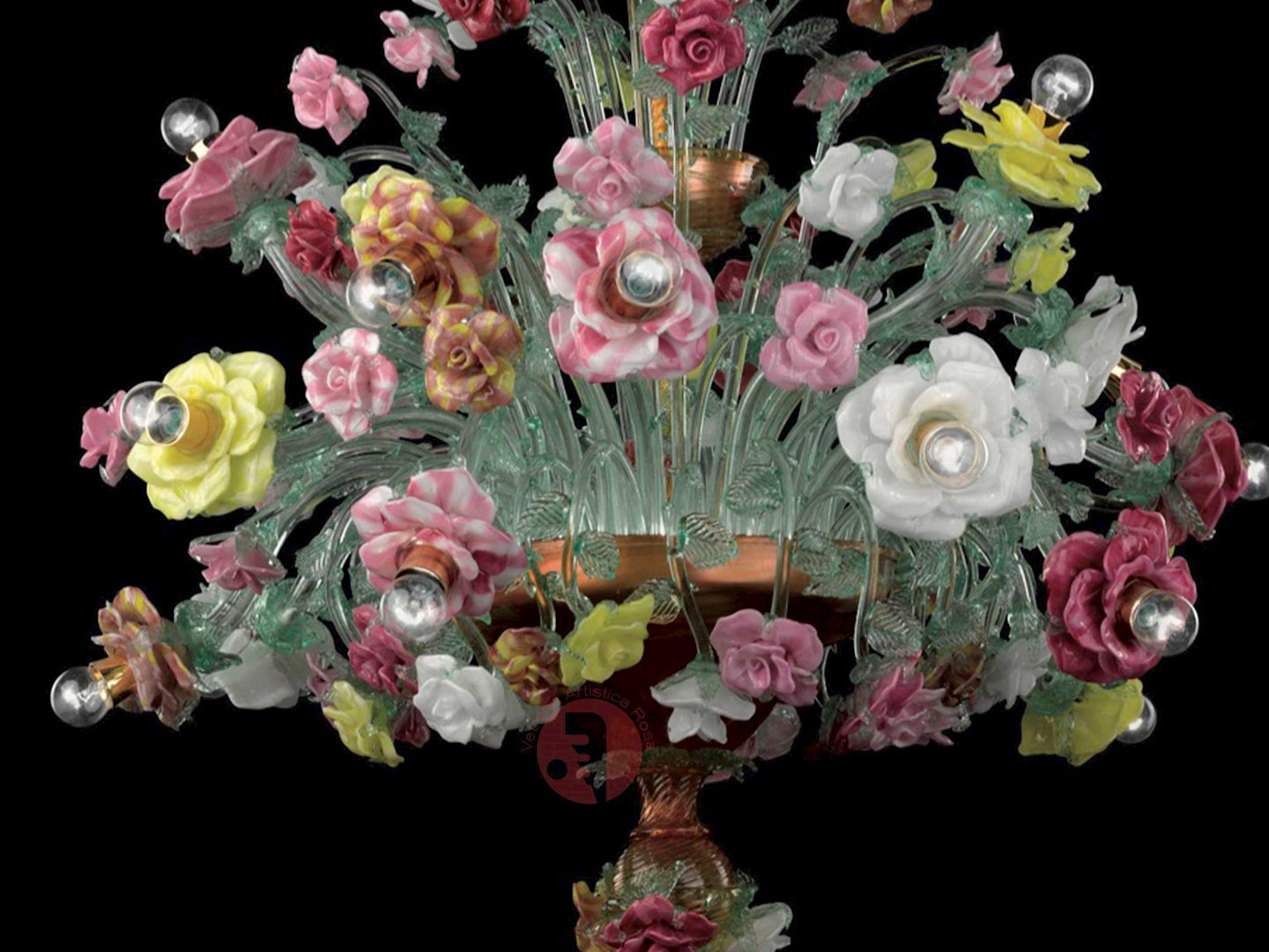 Vetreria Artistica Rosa Roseto 18-Lights Transparent Green Crystal Base With Polychrome Flower Accent Glass Chandelier