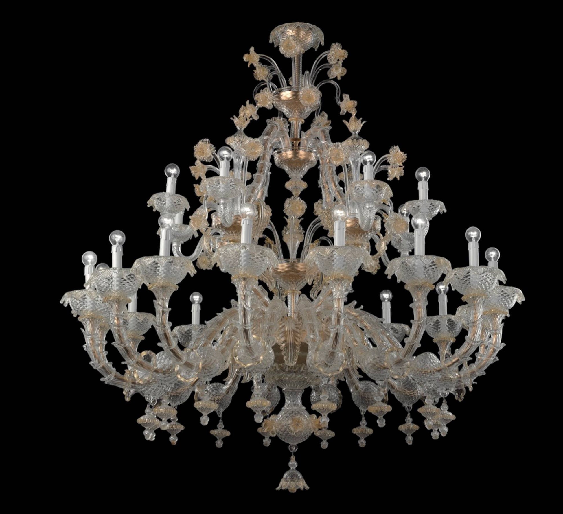 Vetreria Artistica Rosa Royal 24-Lights Crystal Gold Murano Glass Chandelier