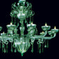 Vetreria Artistica Rosa Saturno 12-Lights Green Base With Hexagonal Pendants and Green Crystals and Leaves Glass Chandelier