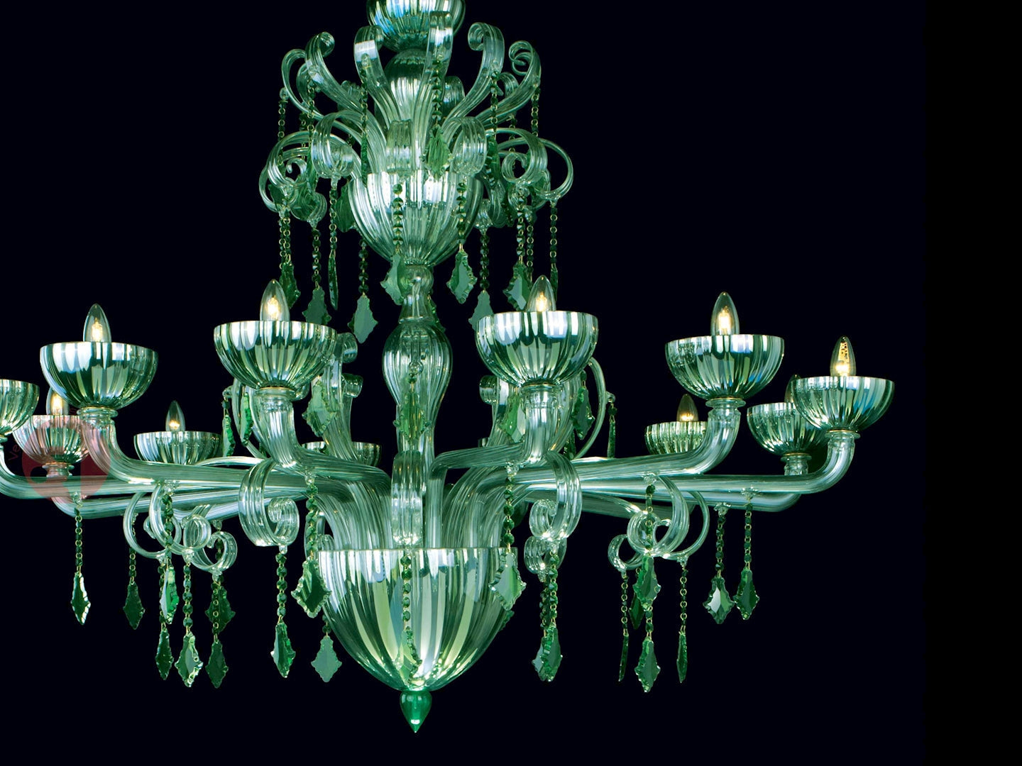 Vetreria Artistica Rosa Saturno 12-Lights Green Base With Hexagonal Pendants and Green Crystals and Leaves Glass Chandelier