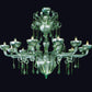Vetreria Artistica Rosa Saturno 12-Lights Green Base With Hexagonal Pendants and Green Crystals and Leaves Glass Chandelier