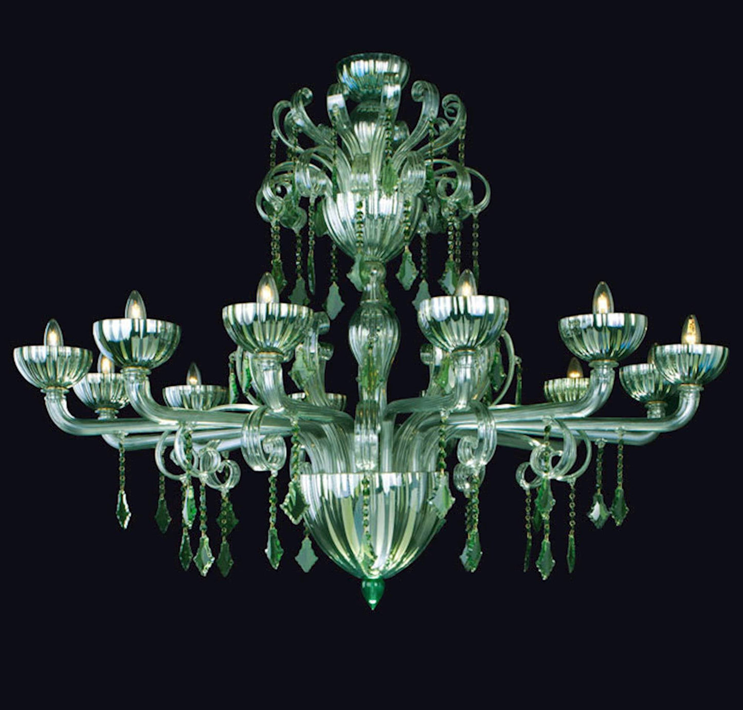 Vetreria Artistica Rosa Saturno 12-Lights Green Base With Hexagonal Pendants and Green Crystals and Leaves Glass Chandelier