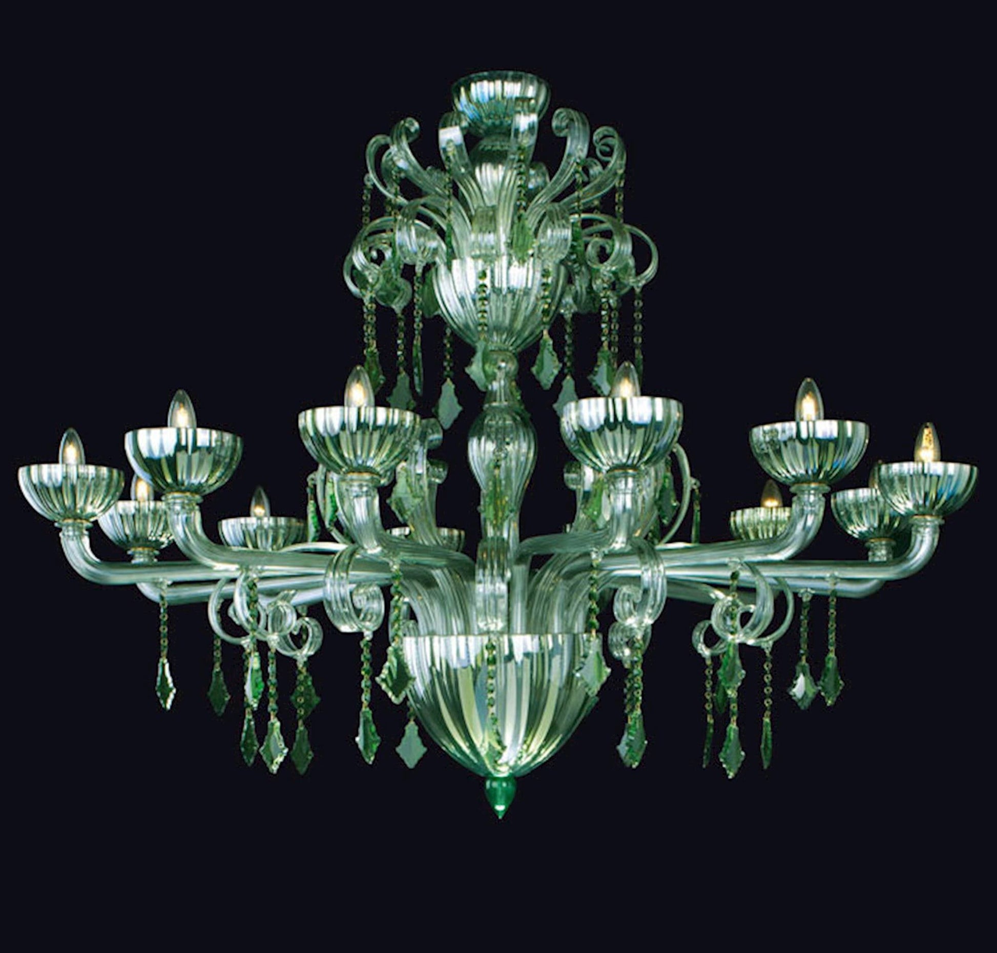 Vetreria Artistica Rosa Saturno 12-Lights Green Base With Hexagonal Pendants and Green Crystals and Leaves Glass Chandelier