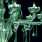 Vetreria Artistica Rosa Saturno 12-Lights Green Base With Hexagonal Pendants and Green Crystals and Leaves Glass Chandelier