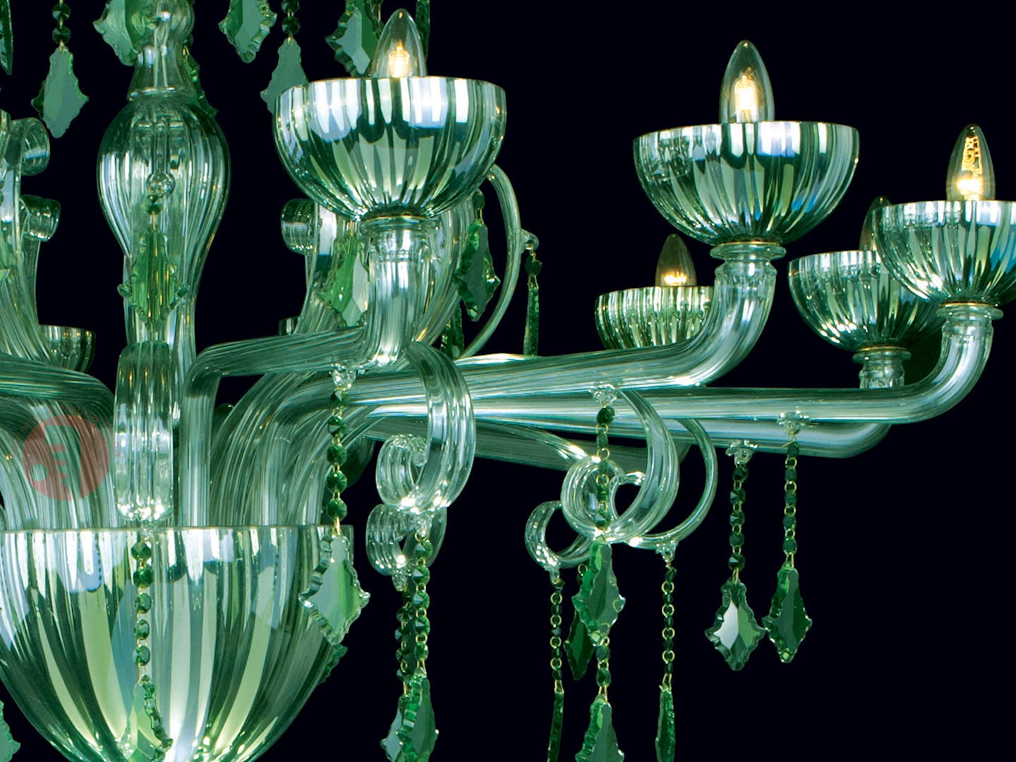 Vetreria Artistica Rosa Saturno 12-Lights Green Base With Hexagonal Pendants and Green Crystals and Leaves Glass Chandelier