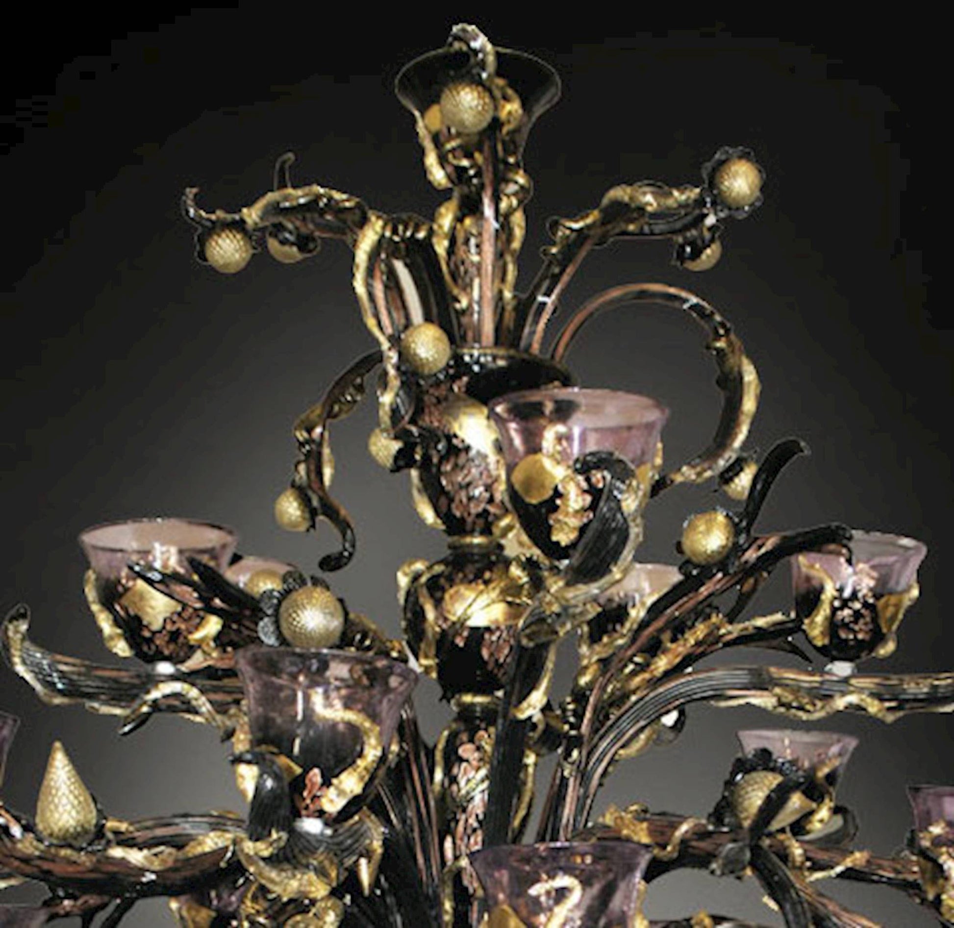 Vetreria Artistica Rosa Scultura Nero 32-Lights Black and Gold Base With Purple Crystal Cups Glass Chandelier