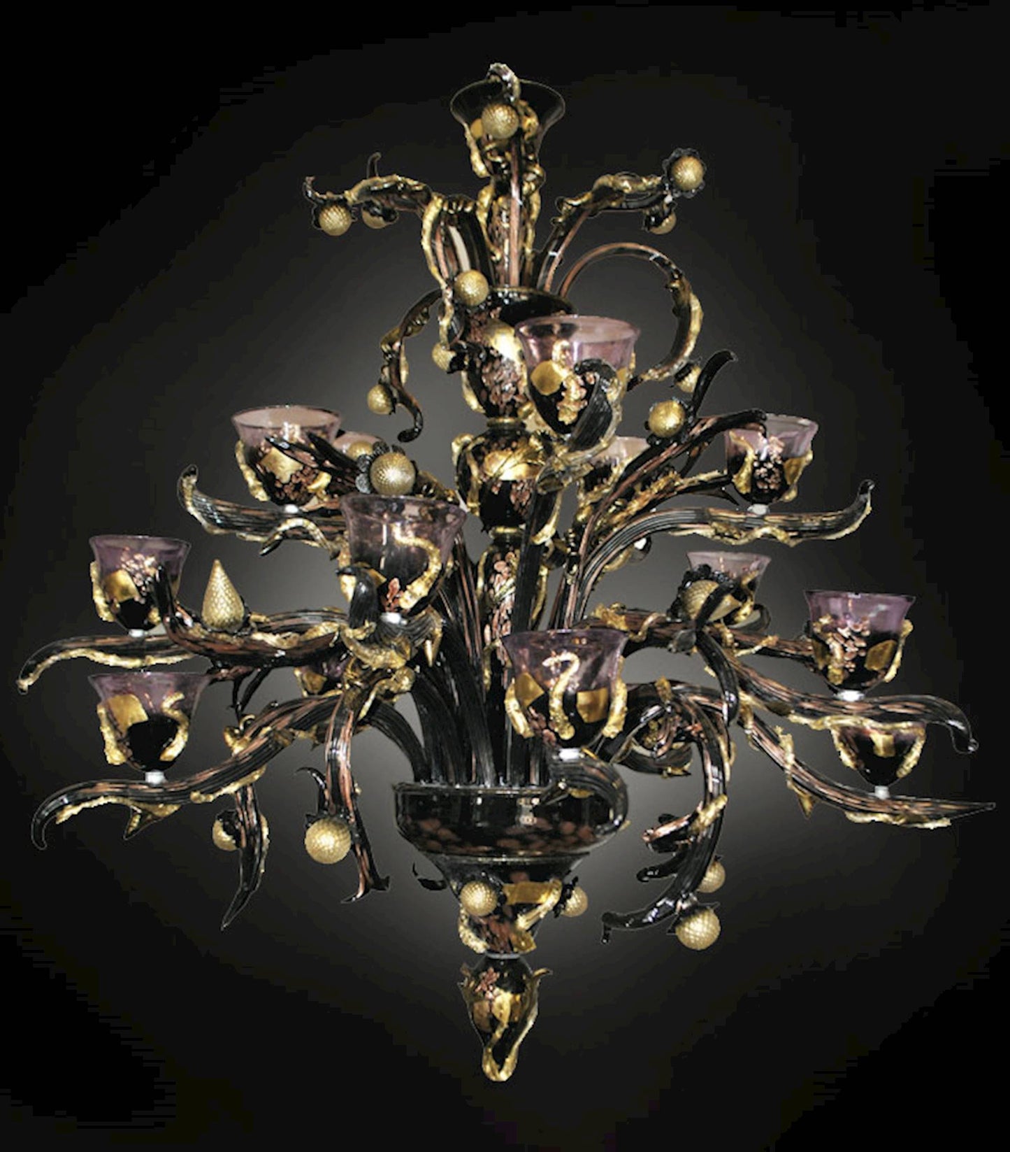 Vetreria Artistica Rosa Scultura Nero 32-Lights Black and Gold Base With Purple Crystal Cups Glass Chandelier