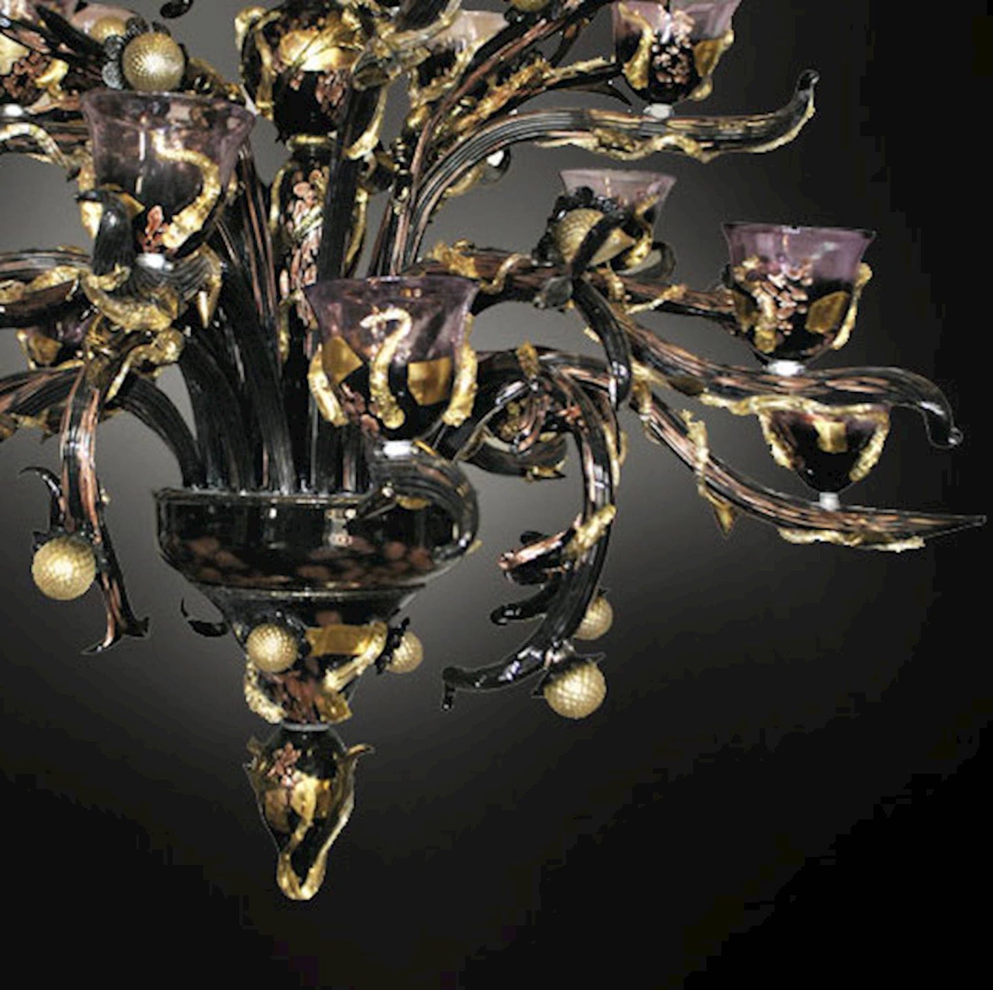 Vetreria Artistica Rosa Scultura Nero 32-Lights Black and Gold Base With Purple Crystal Cups Glass Chandelier