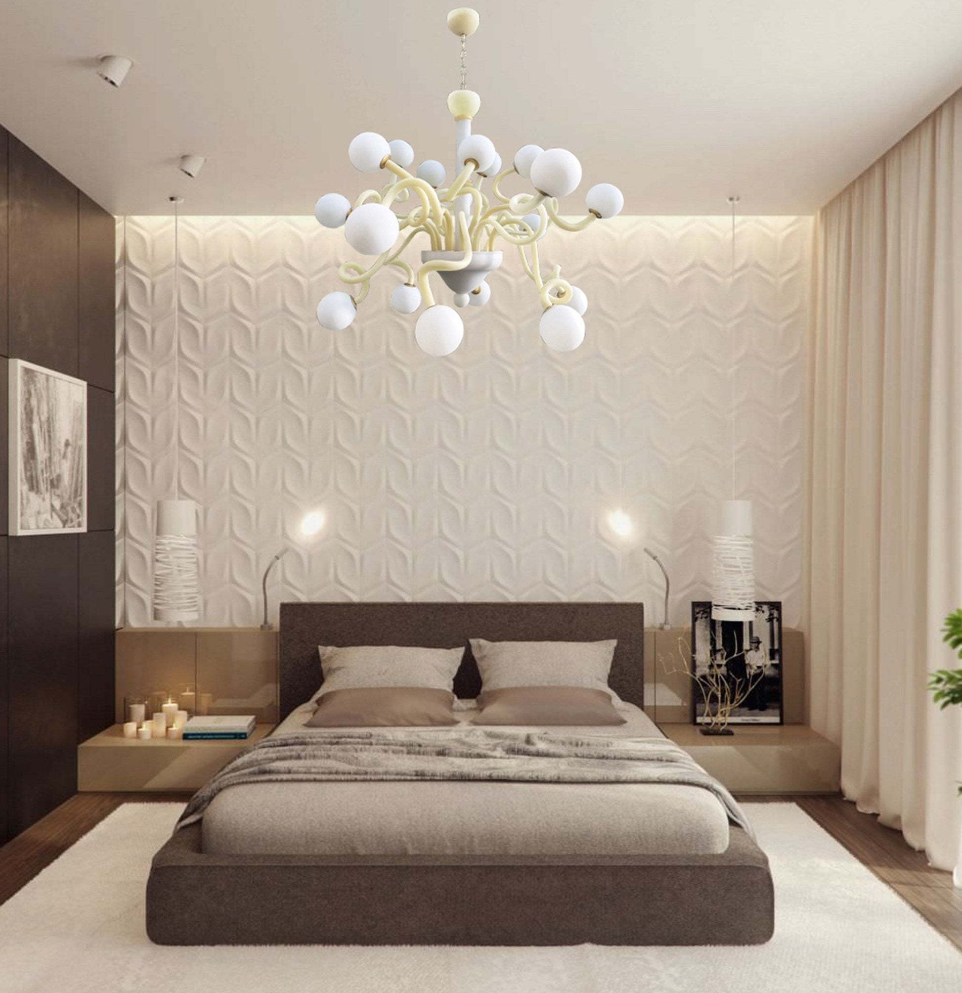 Vetreria Artistica Rosa Snow 18-Lights Ivory Base With White Sandblasted Sphere Shade Glass Chandelier