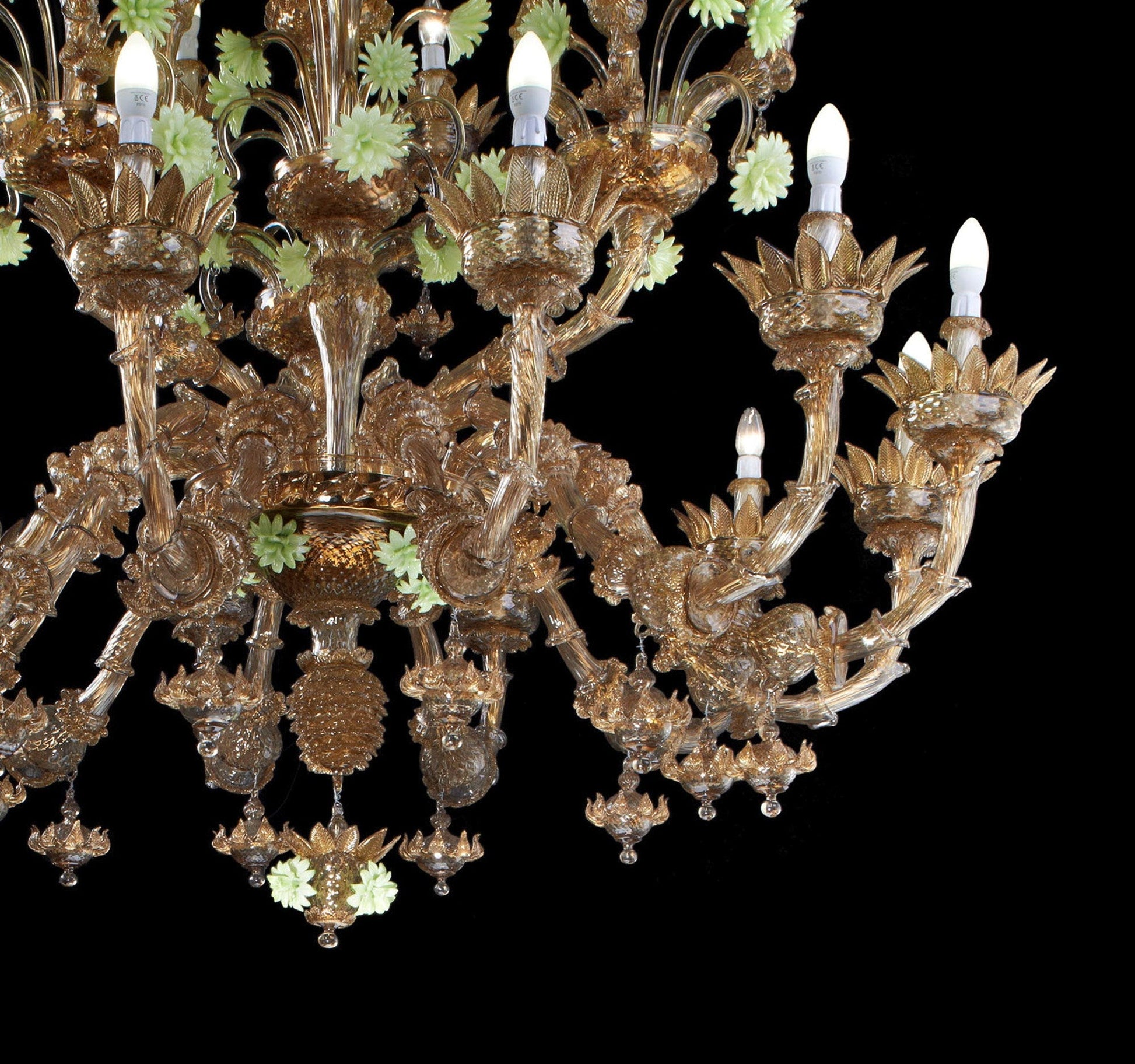 Vetreria Artistica Rosa Stella 32-Lights Dark Amber With Acid Green Paste Flowers Glass Chandelier