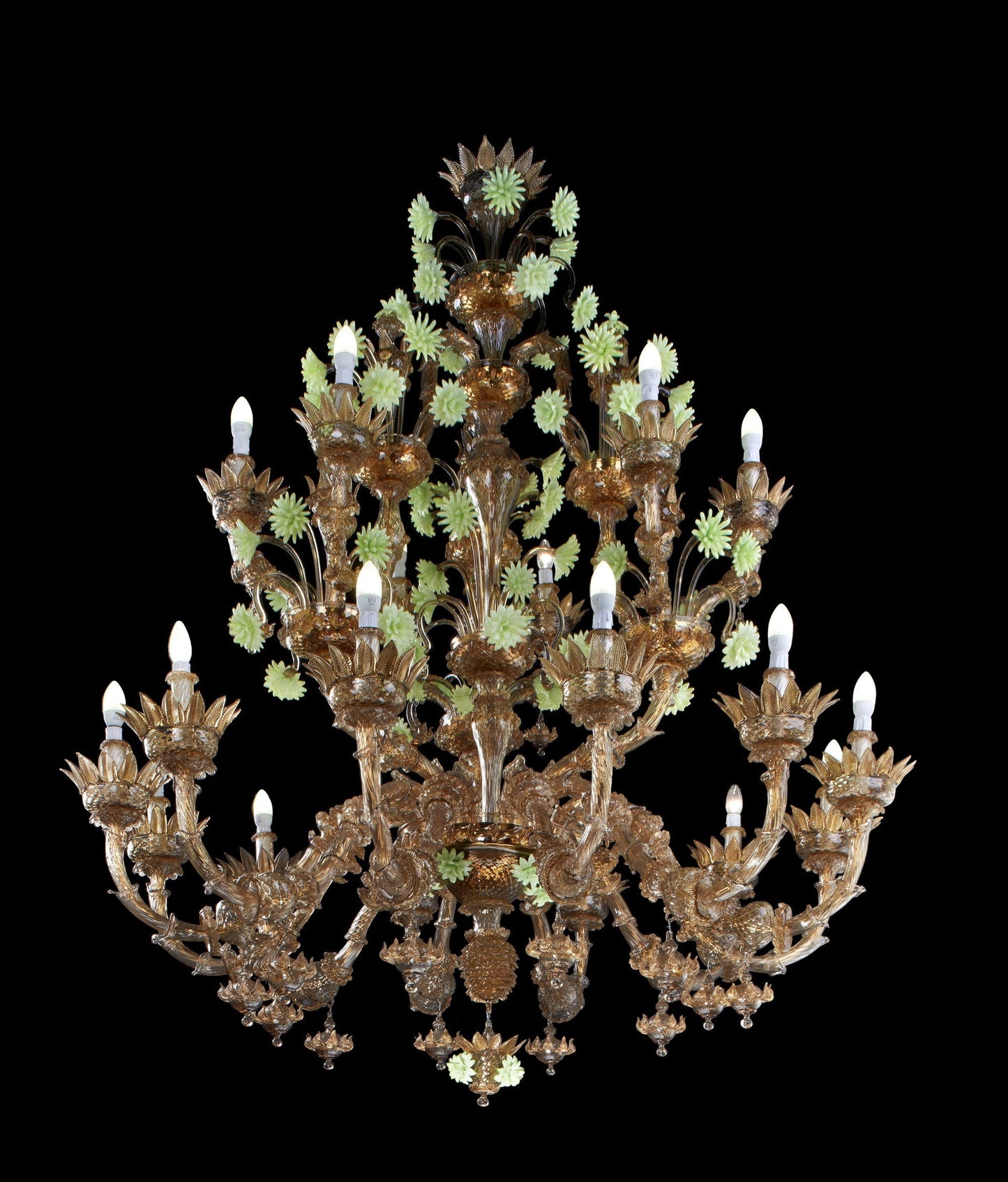 Vetreria Artistica Rosa Stella 32-Lights Dark Amber With Acid Green Paste Flowers Glass Chandelier