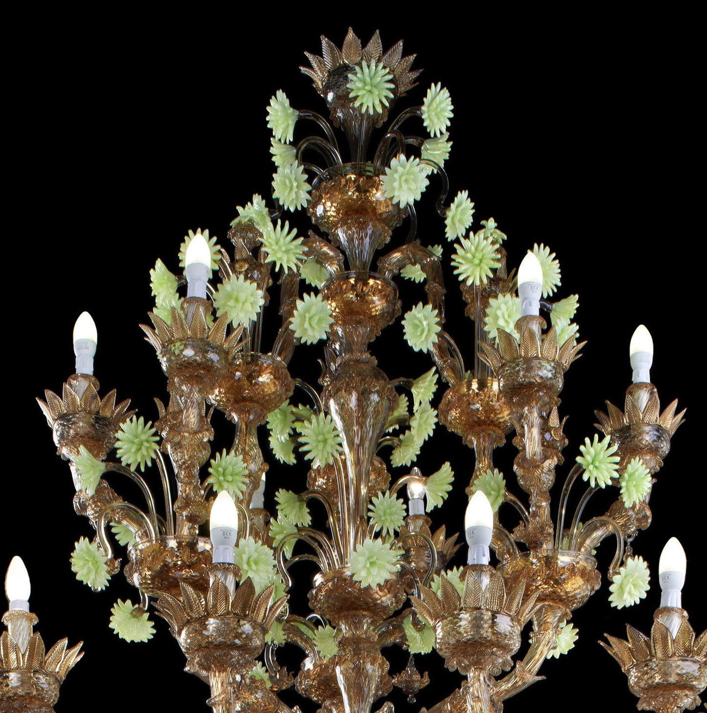 Vetreria Artistica Rosa Stella 32-Lights Dark Amber With Acid Green Paste Flowers Glass Chandelier