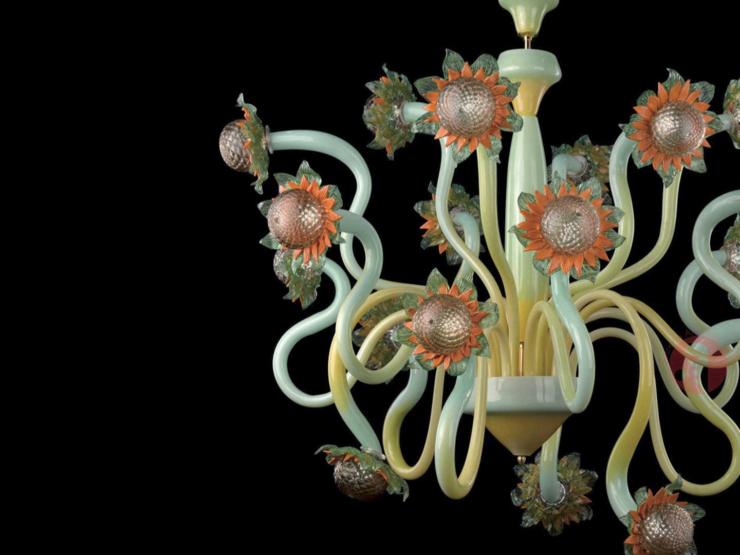 Vetreria Artistica Rosa Van Gogh 18-Lights Green and Amber Base With Yellow Orange Flower Accent Glass Chandelier
