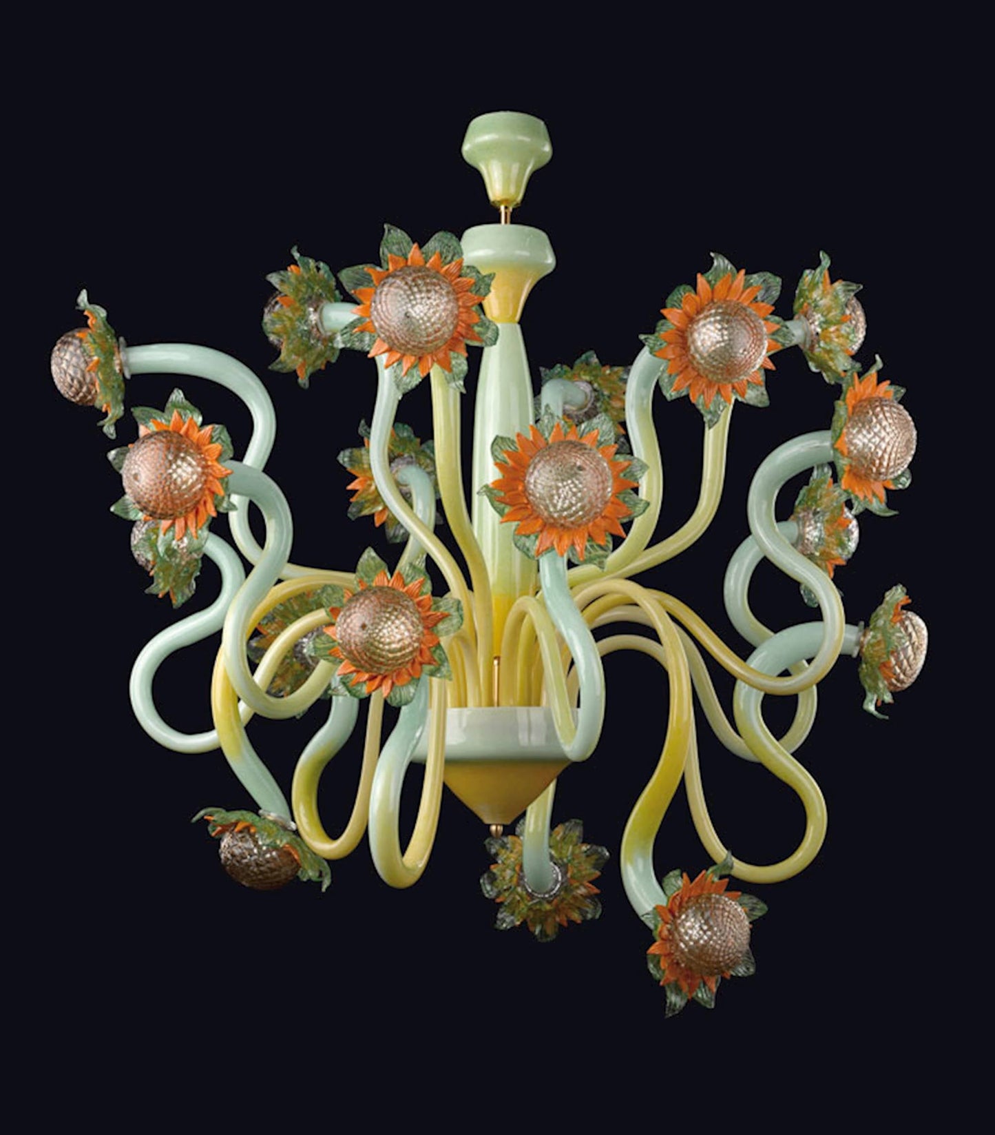 Vetreria Artistica Rosa Van Gogh 18-Lights Green and Amber Base With Yellow Orange Flower Accent Glass Chandelier