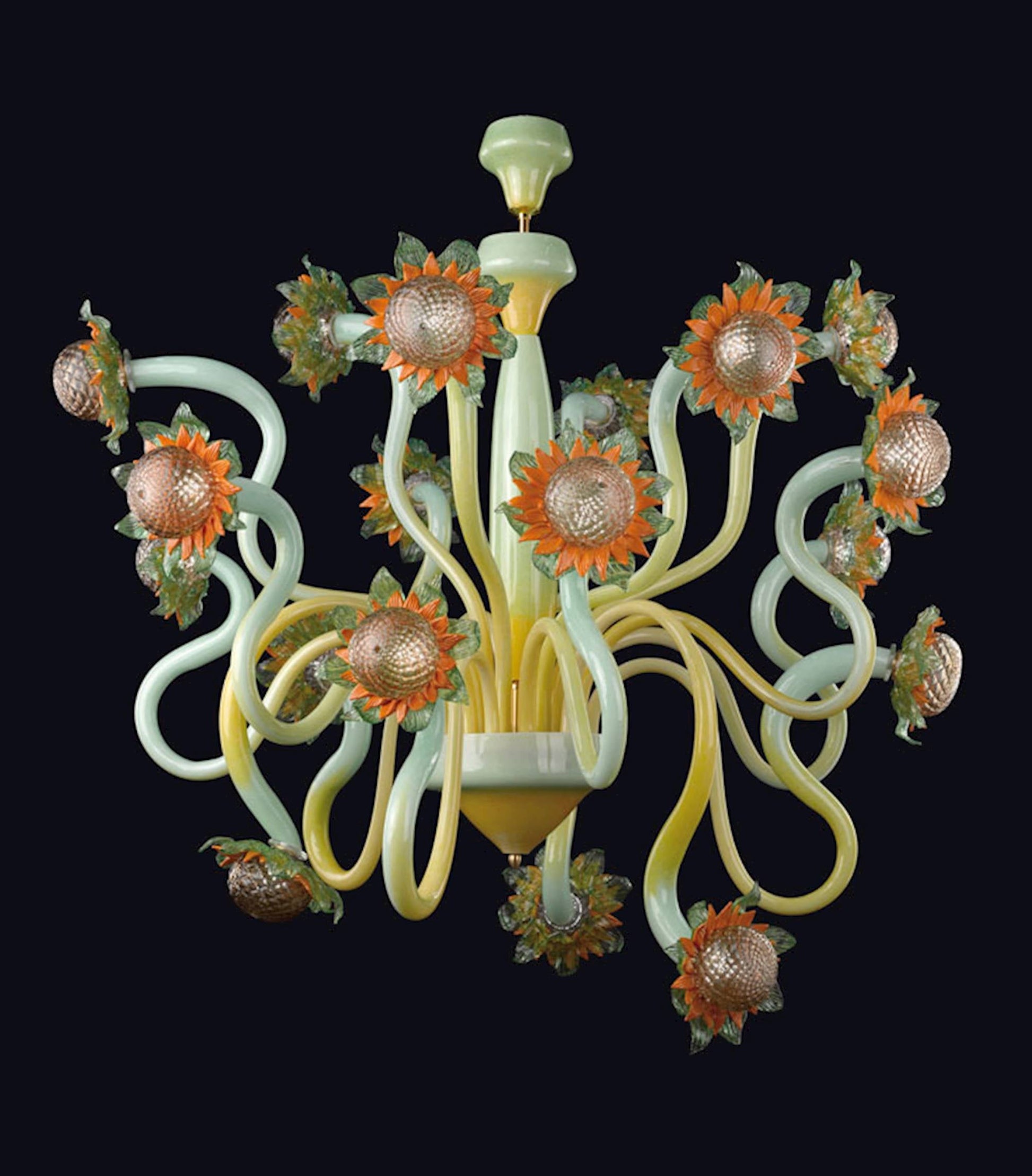 Vetreria Artistica Rosa Van Gogh 18-Lights Green and Amber Base With Yellow Orange Flower Accent Glass Chandelier