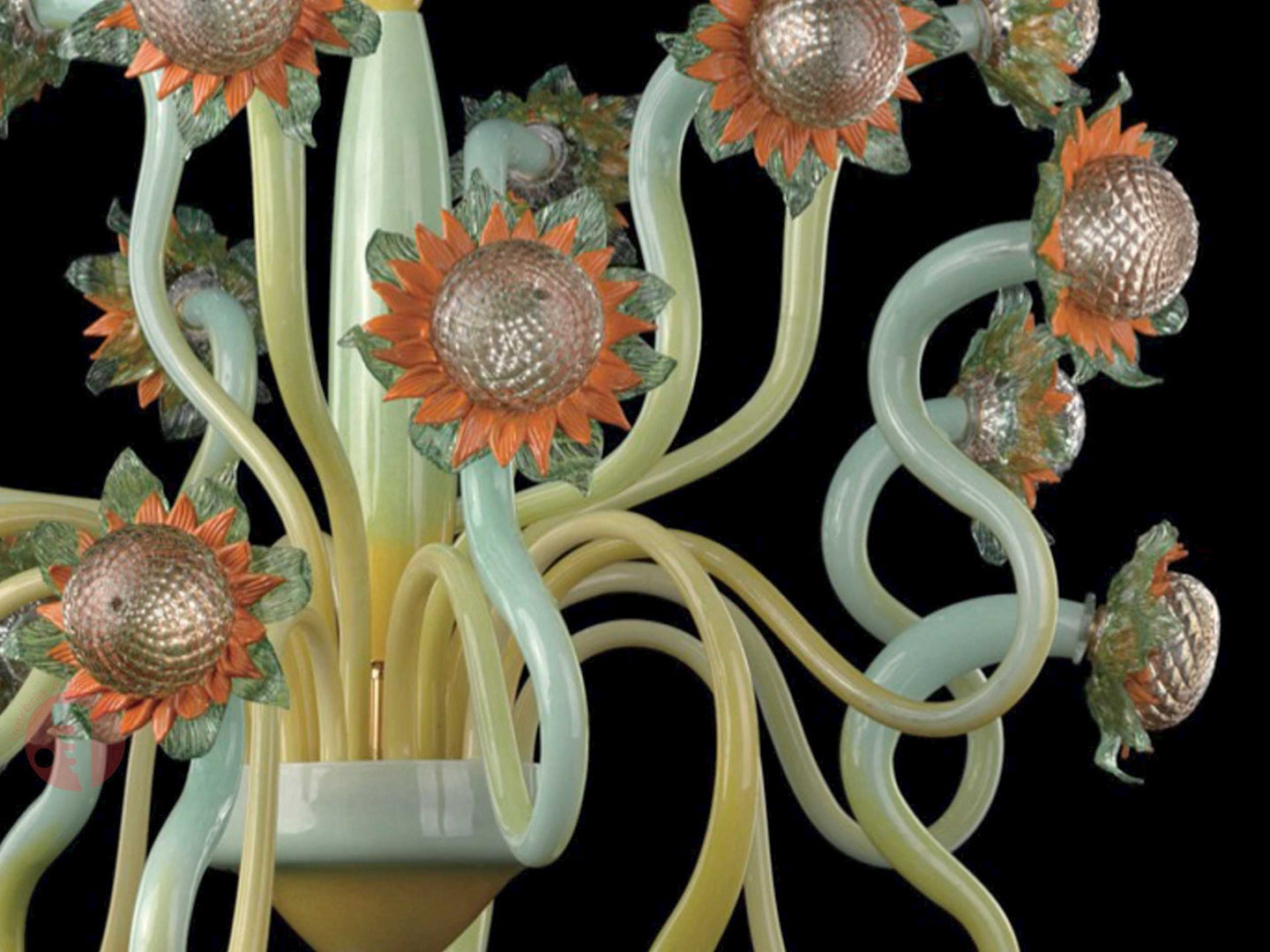 Vetreria Artistica Rosa Van Gogh 18-Lights Green and Amber Base With Yellow Orange Flower Accent Glass Chandelier