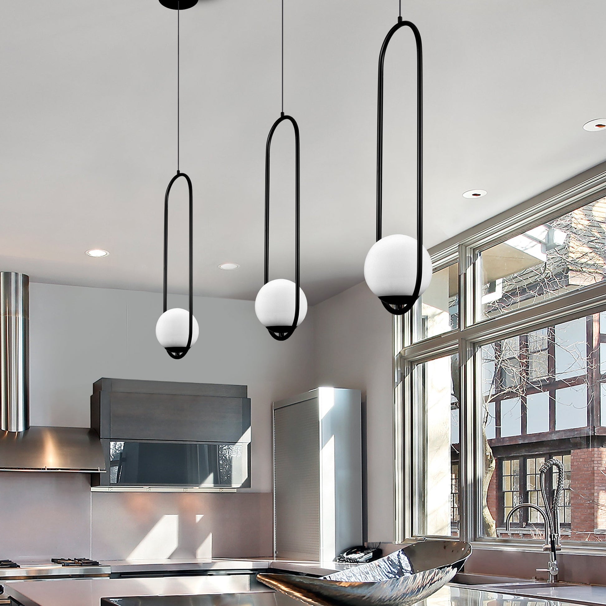 Vonn Lighting Capri 7" Black Integrated LED Pendant With Frosted White Glass Shade
