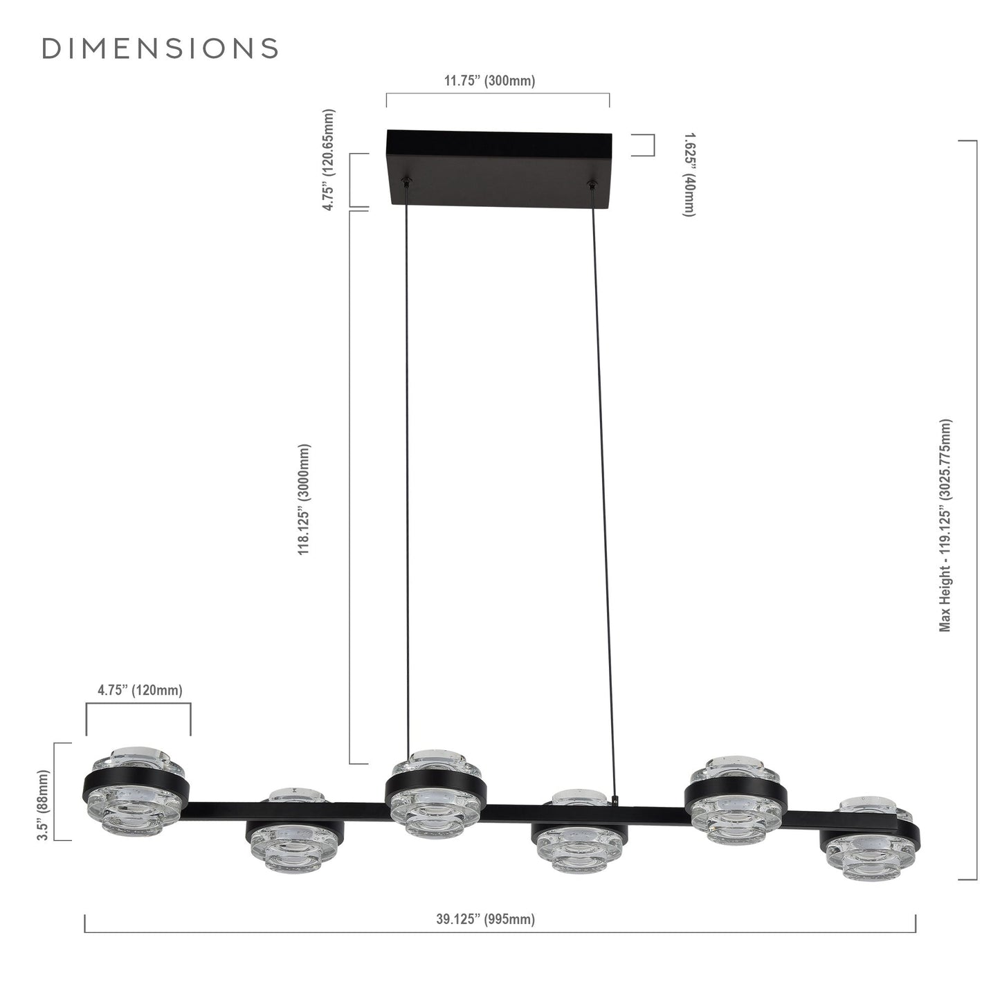 Vonn Lighting Milano 39" 6-Light Black Integrated LED Linear Chandelier With Clear Acrylic Shades