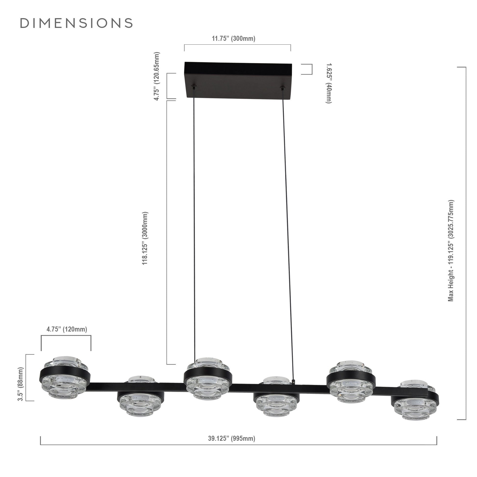 Vonn Lighting Milano 39" 6-Light Black Integrated LED Linear Chandelier With Clear Acrylic Shades