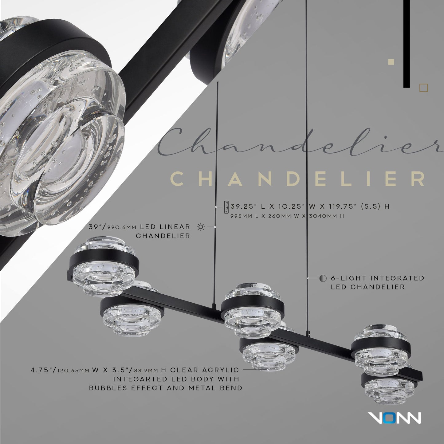 Vonn Lighting Milano 39" 6-Light Black Integrated LED Linear Chandelier With Clear Acrylic Shades