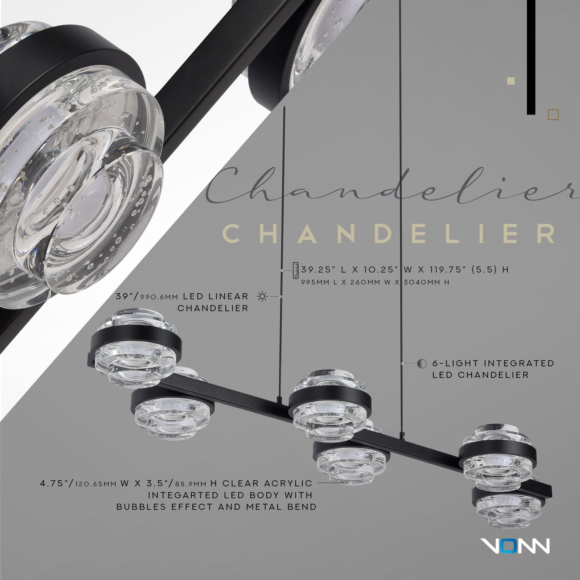 Vonn Lighting Milano 39" 6-Light Black Integrated LED Linear Chandelier With Clear Acrylic Shades