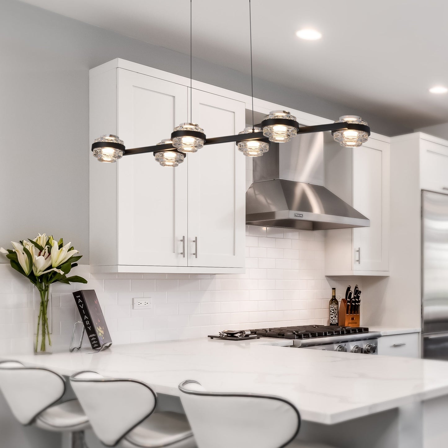 Vonn Lighting Milano 39" 6-Light Black Integrated LED Linear Chandelier With Clear Acrylic Shades
