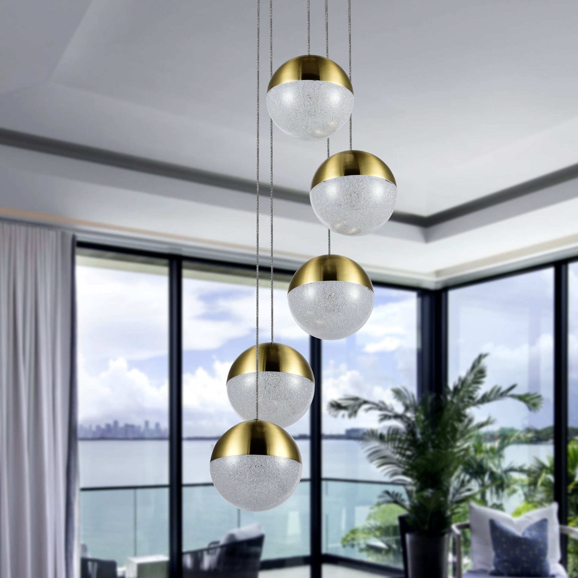 Vonn Lighting Ravello 10" 5-Light Brass Integrated LED Round Chandelier With White Acrylic Shades