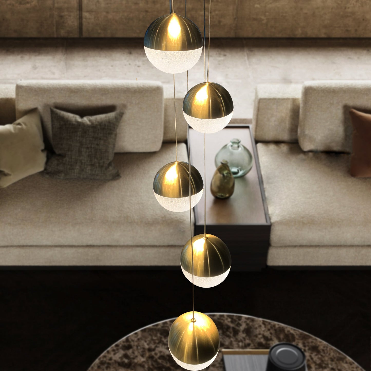 Vonn Lighting Ravello 10" 5-Light Brass Integrated LED Round Chandelier With White Acrylic Shades