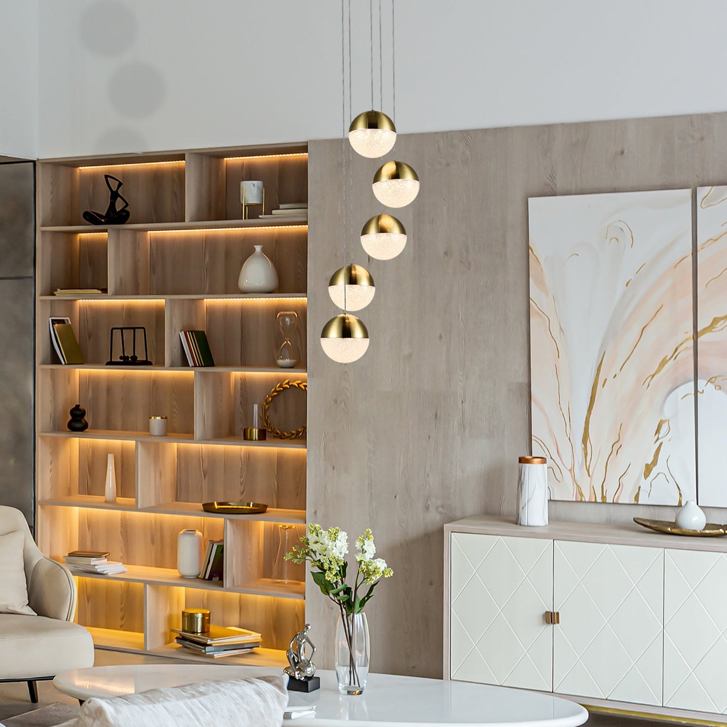 Vonn Lighting Ravello 10" 5-Light Brass Integrated LED Round Chandelier With White Acrylic Shades