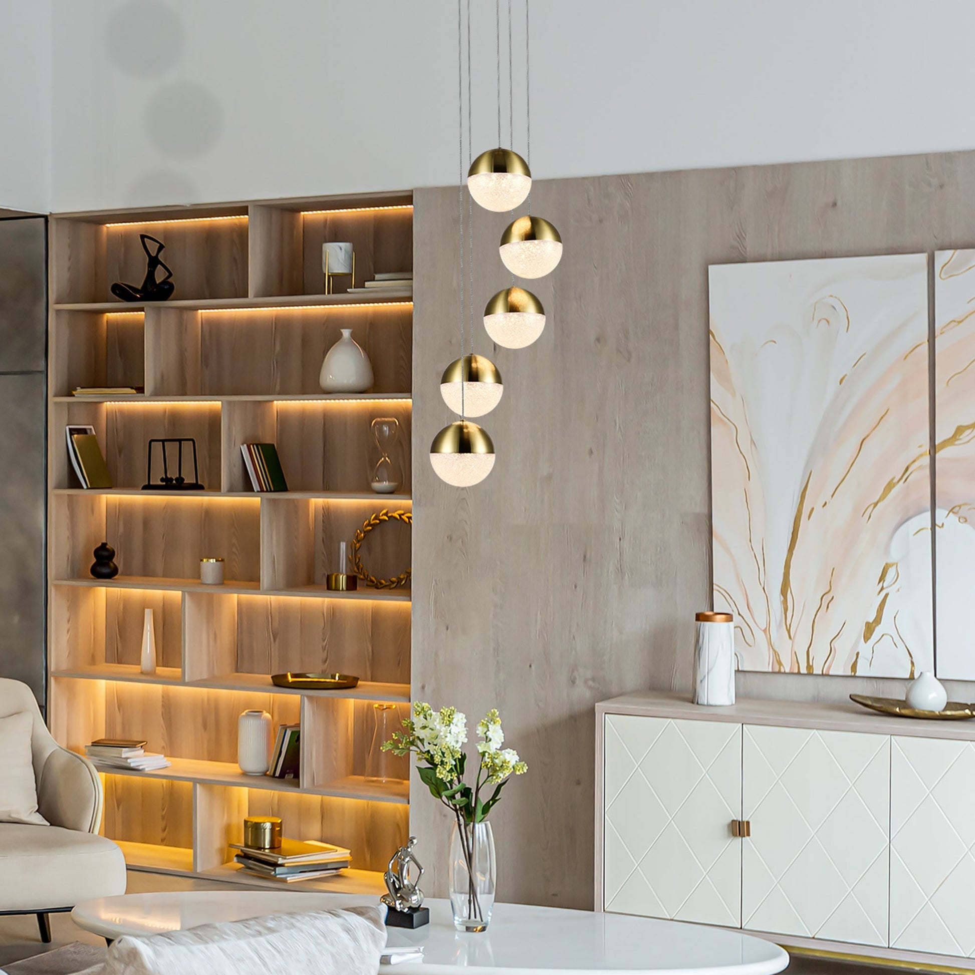 Vonn Lighting Ravello 10" 5-Light Brass Integrated LED Round Chandelier With White Acrylic Shades