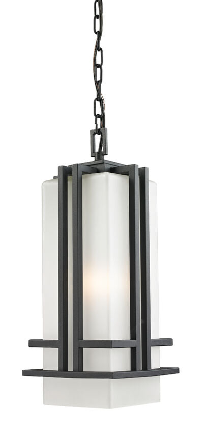 Z-Lite Abbey 8" 1-Light Black Steel Outdoor Chain Mount Ceiling Fixture With Matte Opal Glass Shade