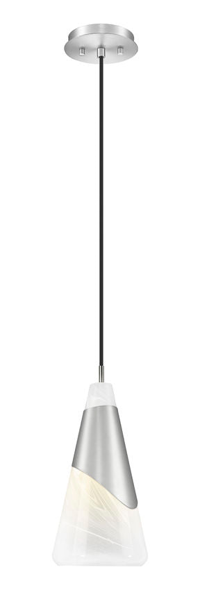 Z-Lite Aimie 1-Light Candelabra Bulb Base Brushed Nickel Steel Frame White Swirl Glass Shade Pendant Light