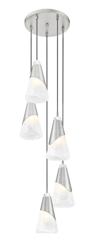 Z-Lite Aimie 5-Light Candelabra Bulb Base Brushed Nickel Steel Frame Feathered White Glass Shade Chandelier