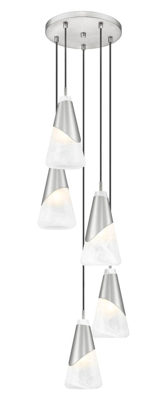 Z-Lite Aimie 5-Light Candelabra Bulb Base Brushed Nickel Steel Frame Feathered White Glass Shade Chandelier